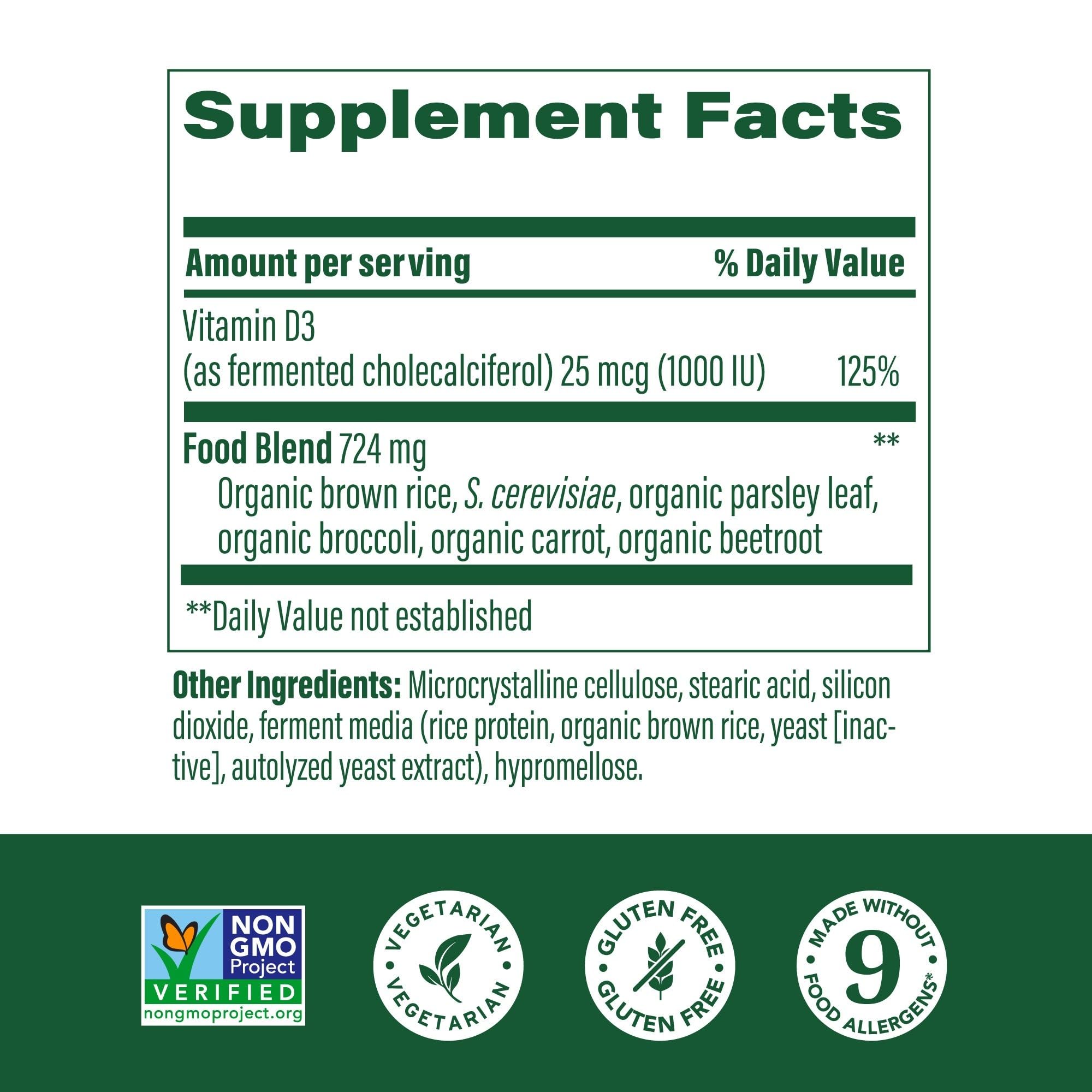 MegaFood Vitamin D3 1000 IU (25 mcg) – Real Food Vitamin D, Immune Support, Vegetarian, Gluten-Free, Non-GMO, 60 Tablets