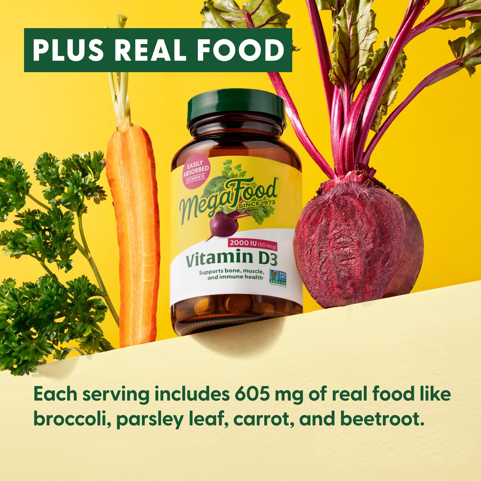 MegaFood Vitamin D3 2000 IU (50 mcg) – Real Food D3, Immune Support, Bones & Muscles, Vegetarian, Kosher, Non-GMO | 60 Tablets