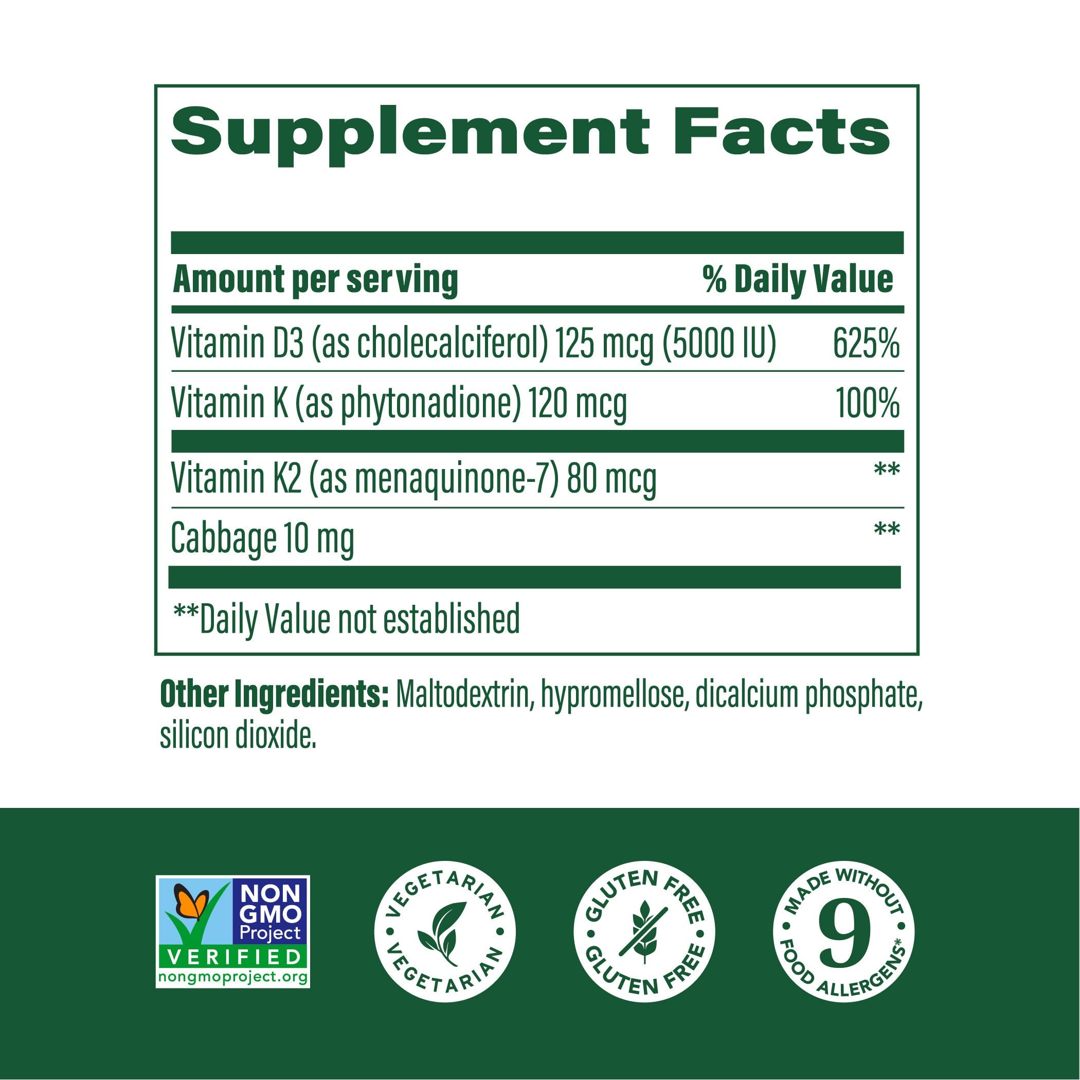 MegaFood Vitamin D3 5000 IU with K2 – Vegetarian D3/K2 for Bones, Teeth & Immune Support | 120 Mini Capsules