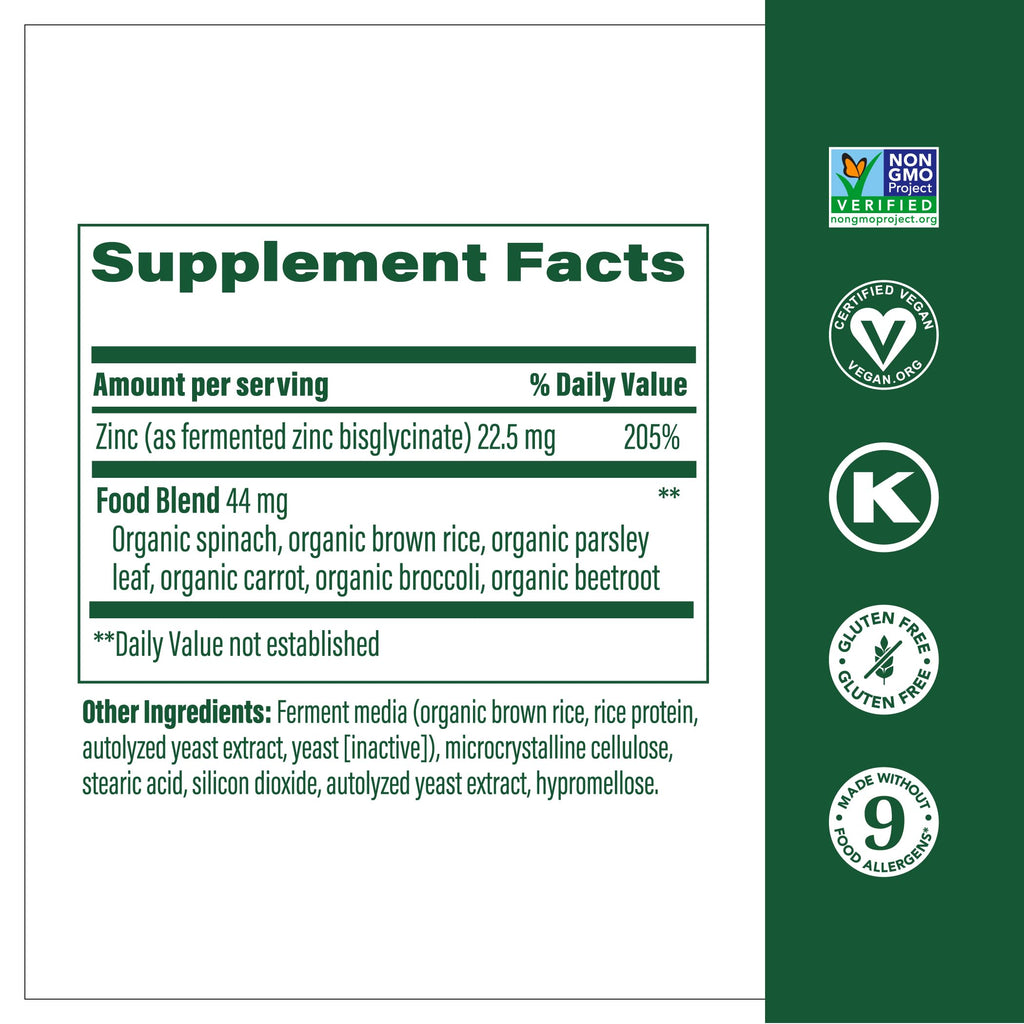 MegaFood Zinc Supplements - 22.5 mg Fermented Zinc for Immune Support | 60 Tablets | Vegan, Gluten-Free, Kosher