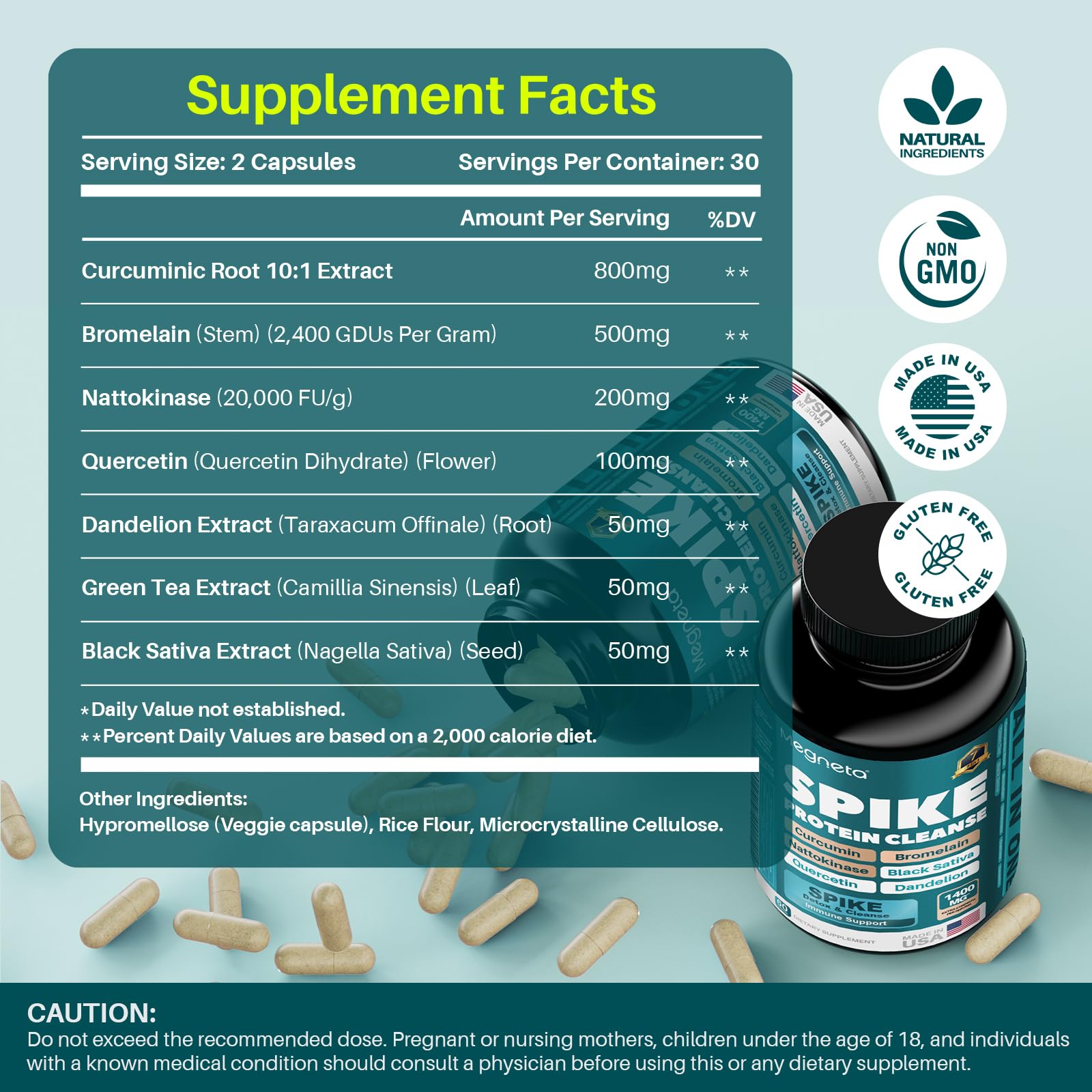 MEGNETA Spike Tri-Support+ Nattokinase 20,000 FU/g – Bromelain 500mg, Curcumin 800mg