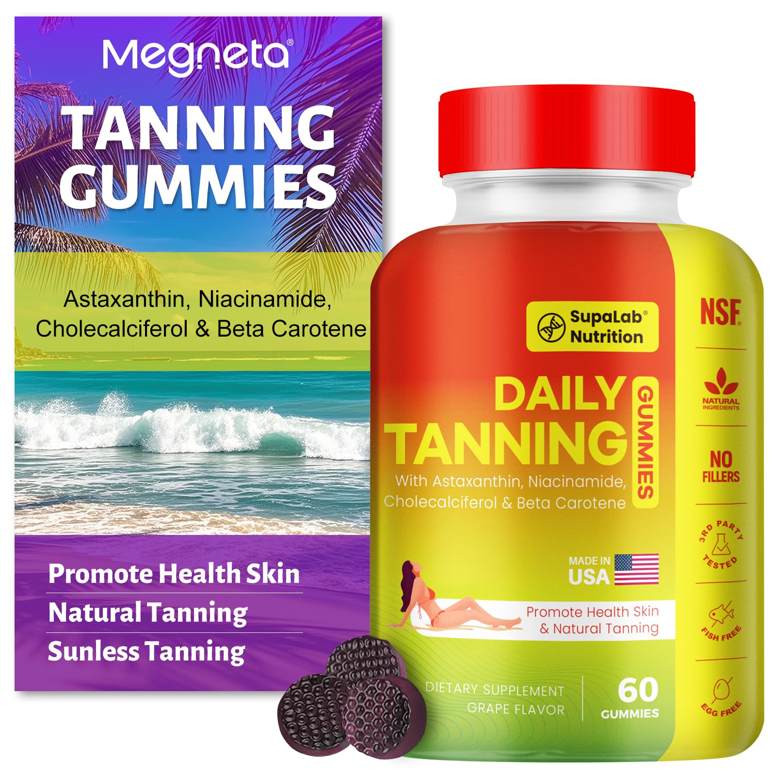 MEGNETA Tanning Gummies for Women & Men - Self Tanner Supplement (Purple)