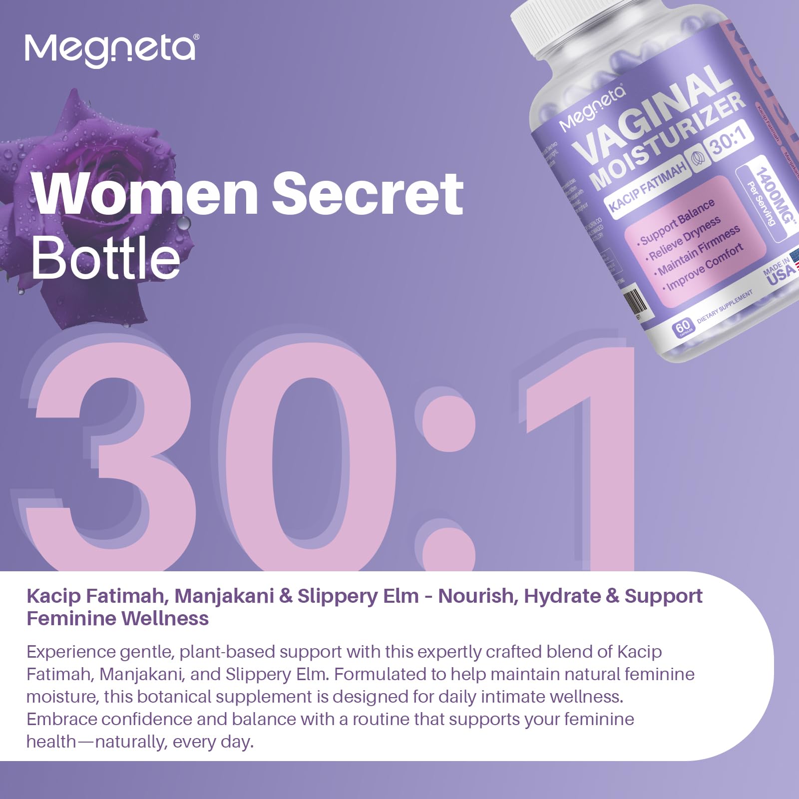 MEGNETA Vaginal Moisturizer: Kacip Fatimah 1000mg & Manjakani 200mg (30:1) – Slippery Elm, Vegan, 60 capsules