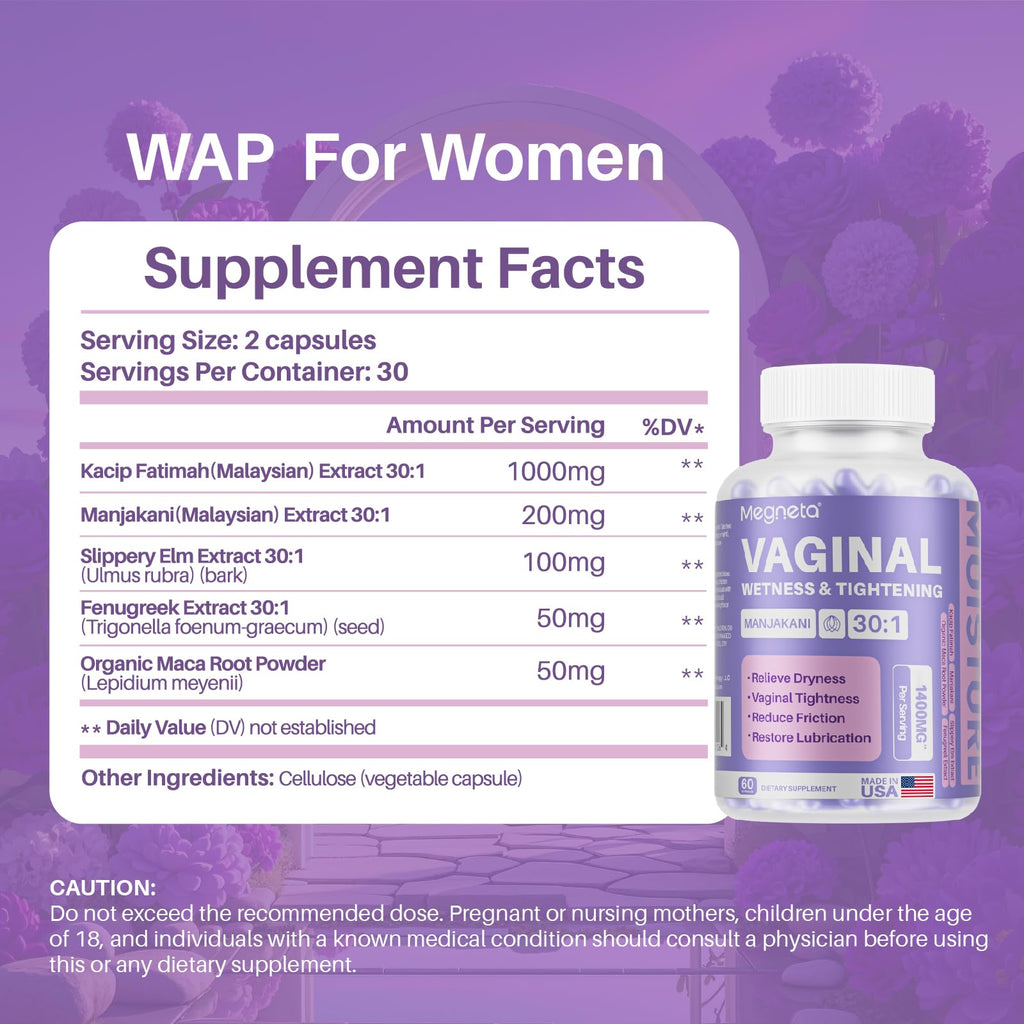 MEGNETA Vaginal Tightening Capsules – Kacip Fatimah, Manjakani & Slippery Elm | 60 Vegan Capsules
