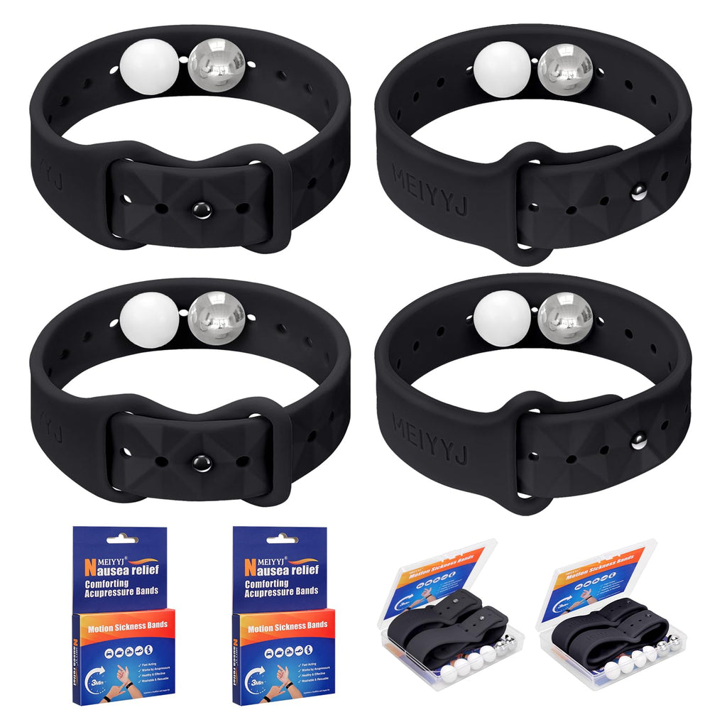 MEIYYJ Motion Sickness Bands — Travel Sea Wristbands for Adults & Kids (2 Pairs, Black)