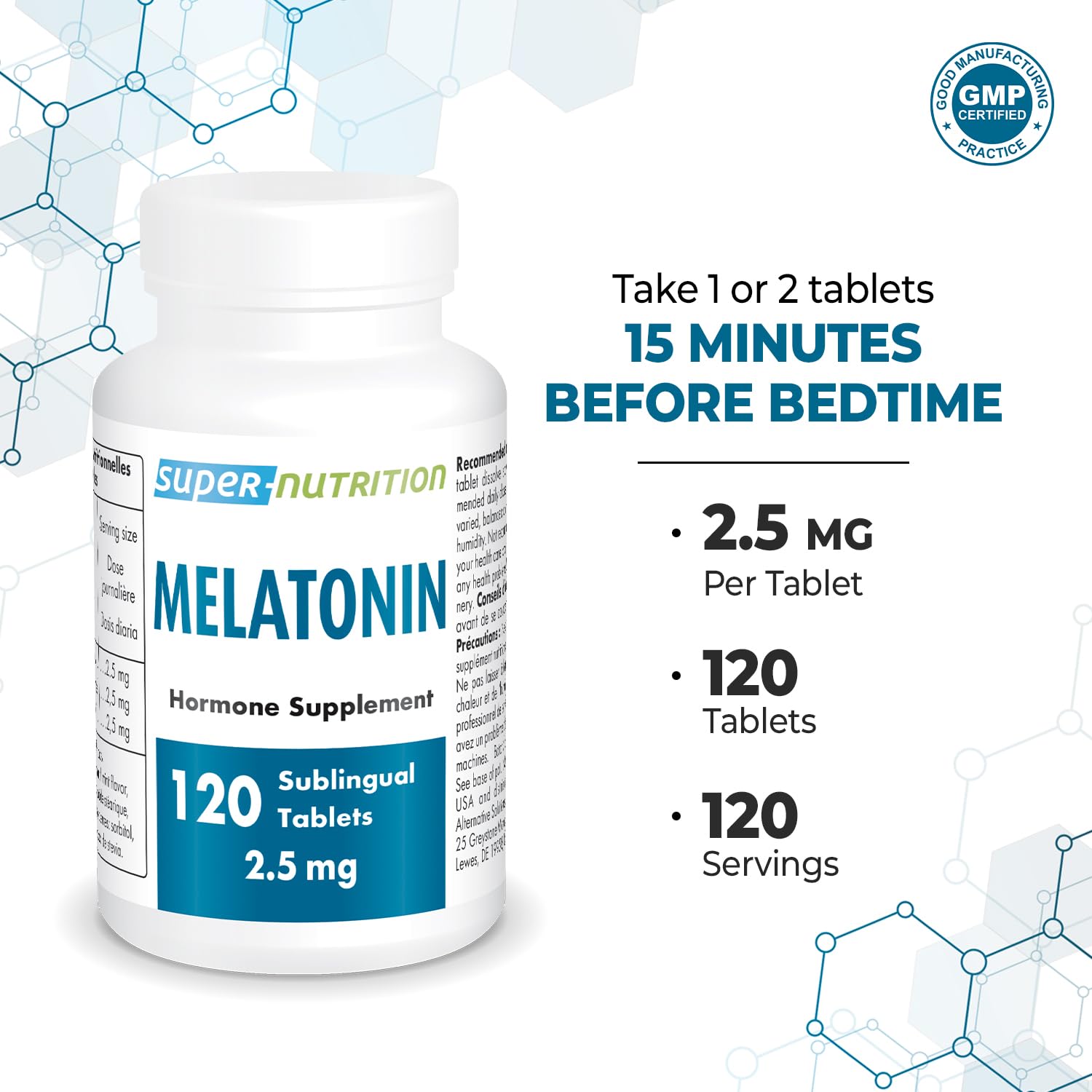 Supersmart Melatonin 2.5mg Ultra Fast Acting – Sublingual Mint | Non-GMO, Gluten Free, Vegan | 60 Tablets