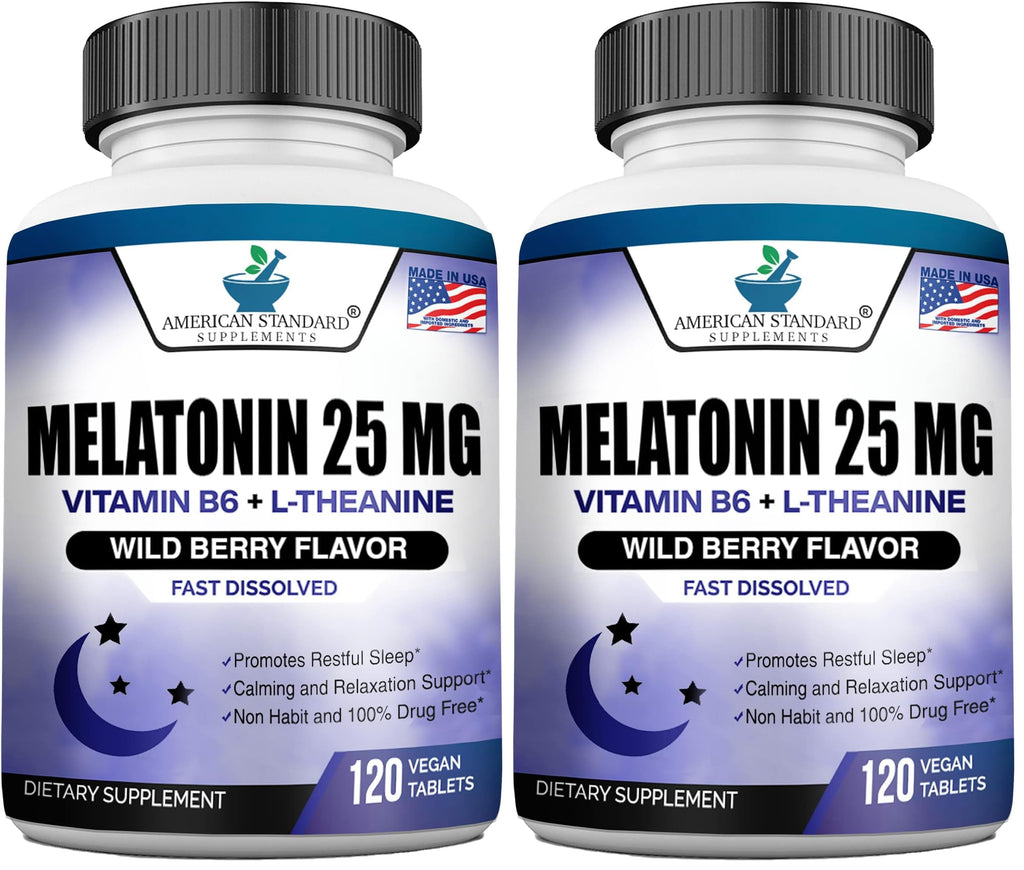 Melatonin 25mg Chewable Tablets with L-Theanine & Vitamin B-6 – 120 per Pack (Pack of 2) – Vegan, Non-GMO, Made in USA