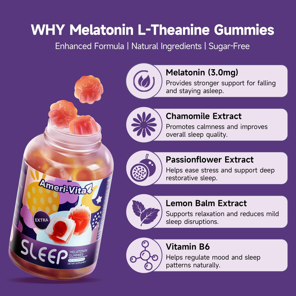 Melatonin 3mg Gummies for Adults – Vegan, Sugar-Free, Strawberry (60 Count) | L-Theanine & GABA