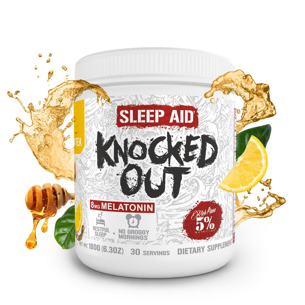 5% Nutrition Rich Piana Knocked Out Natural Sleep Aid Powder | Deep Sleep & Post-Workout Recovery | Honey Lemon Tea | 30 Servings