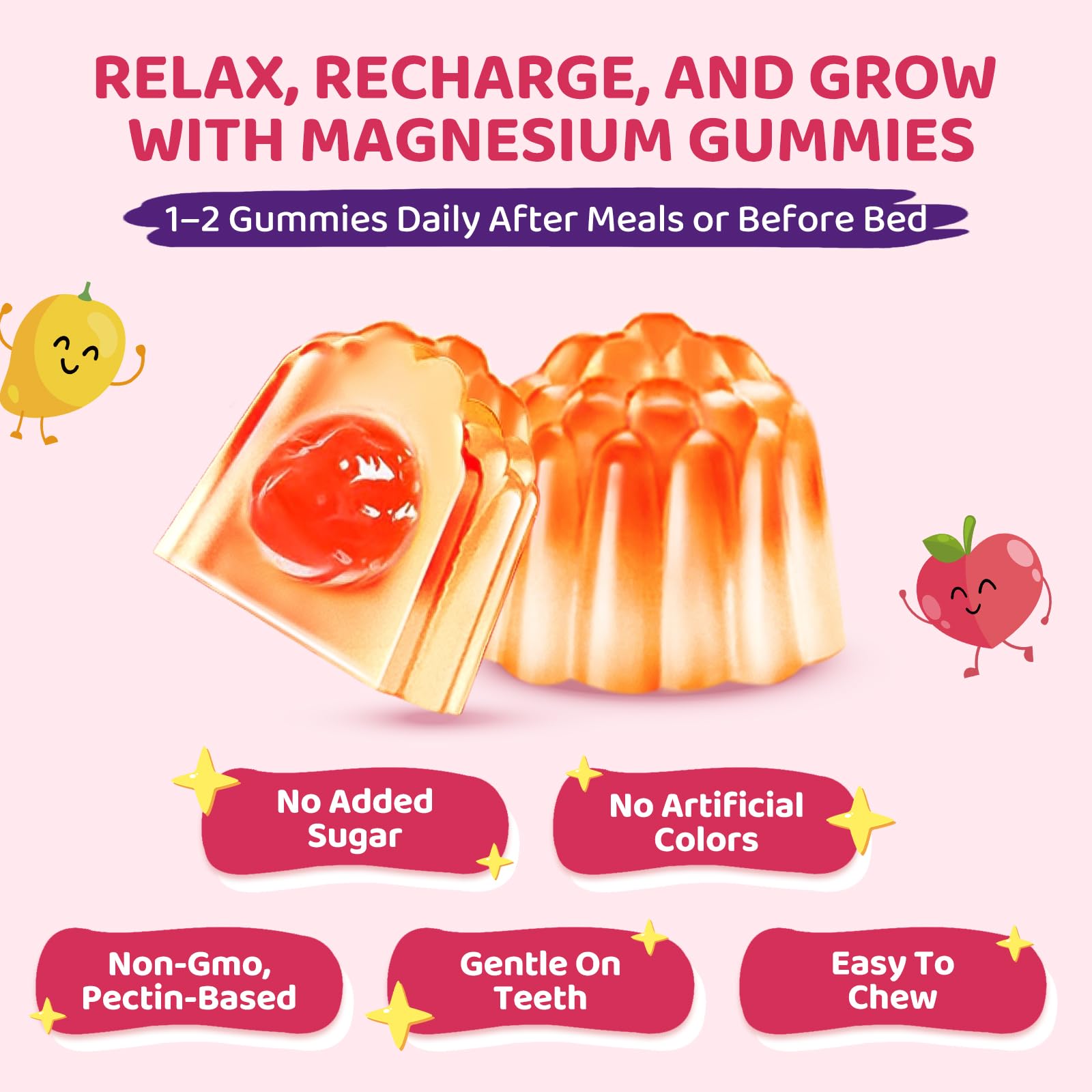 Magnesium Glycinate Gummies for Kids – Calm Sleep & Focus | L-Theanine, Chamomile & B Vitamins (Peach & Mango) 60 ct
