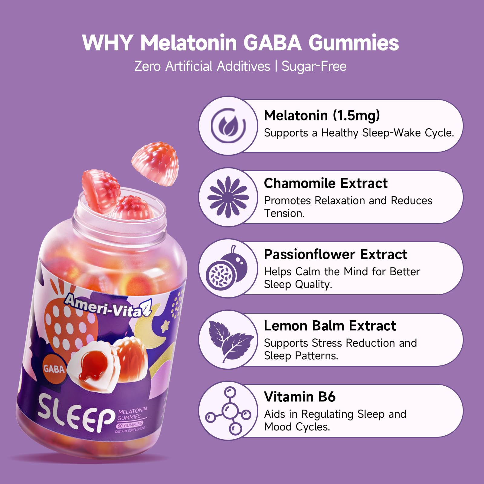 Melatonin Gummies 1.5mg for Adults – Extra Strength Sleep Support with GABA, Magnesium, Ashwagandha, Lemon Balm & Chamomile (Strawberry)