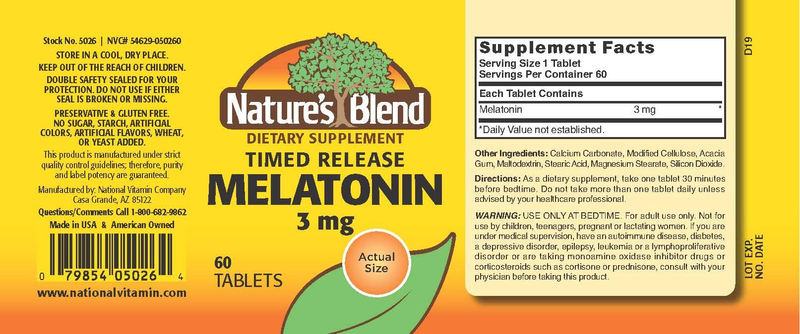 Melatonin Timed Release 3 mg 60 Tabs | Nature's Blend