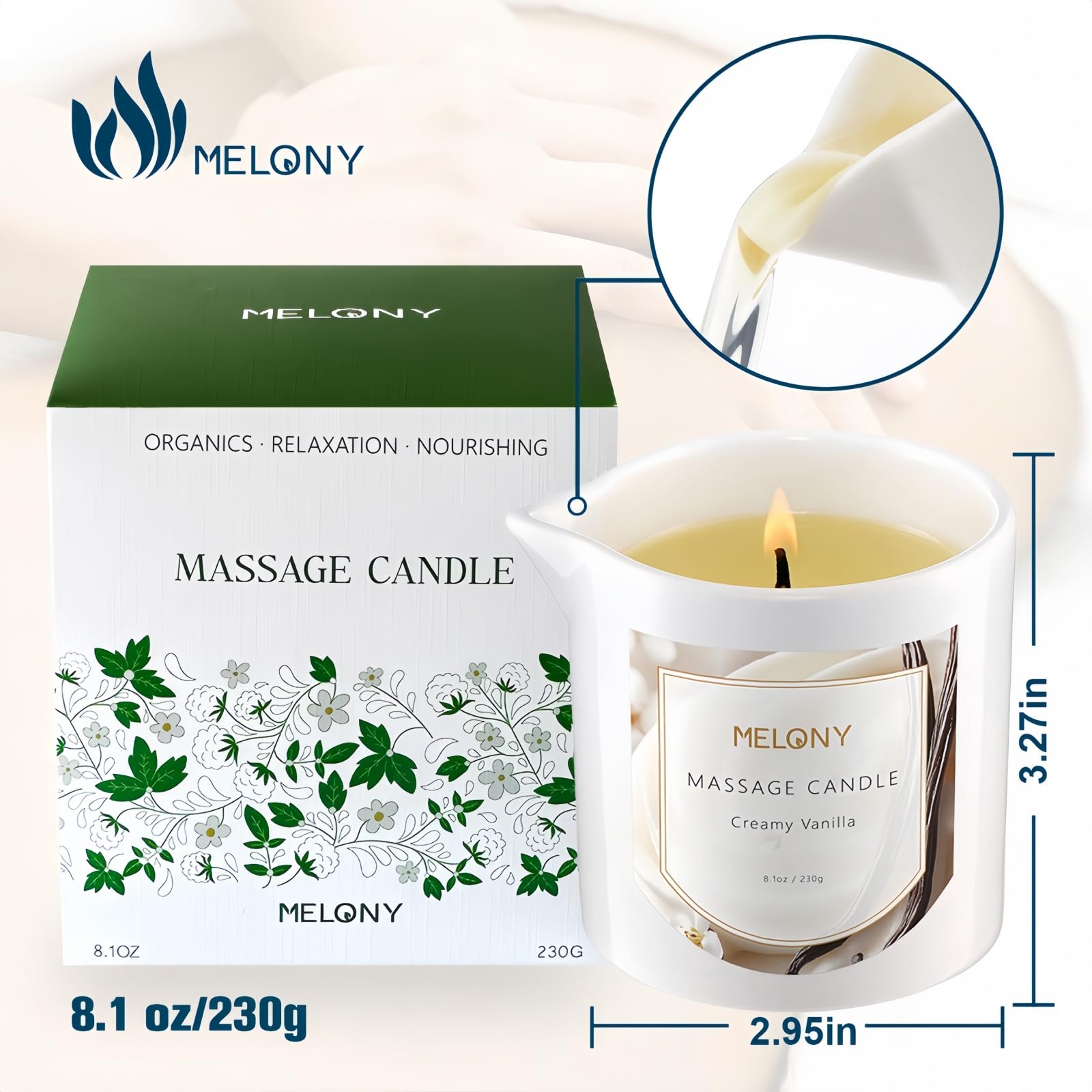 MELONY Luxury Massage Candle – Moisturising Body Oil, 8.1 oz, Creamy Vanilla