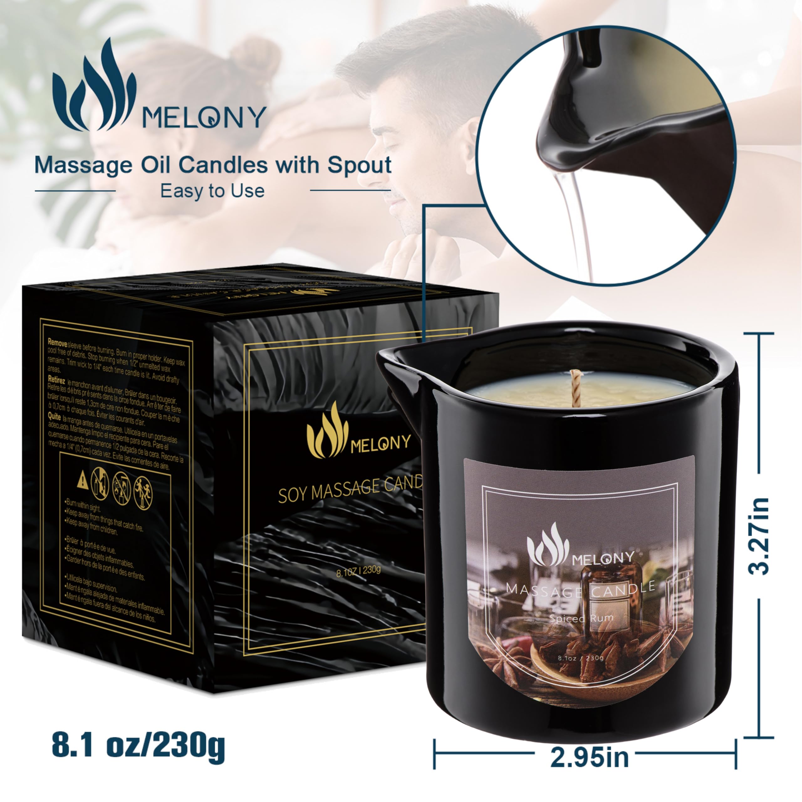 MELONY Massage Oil Candle – 8.1oz Spiced Rum | Natural Soy Wax for Calming & Relaxation