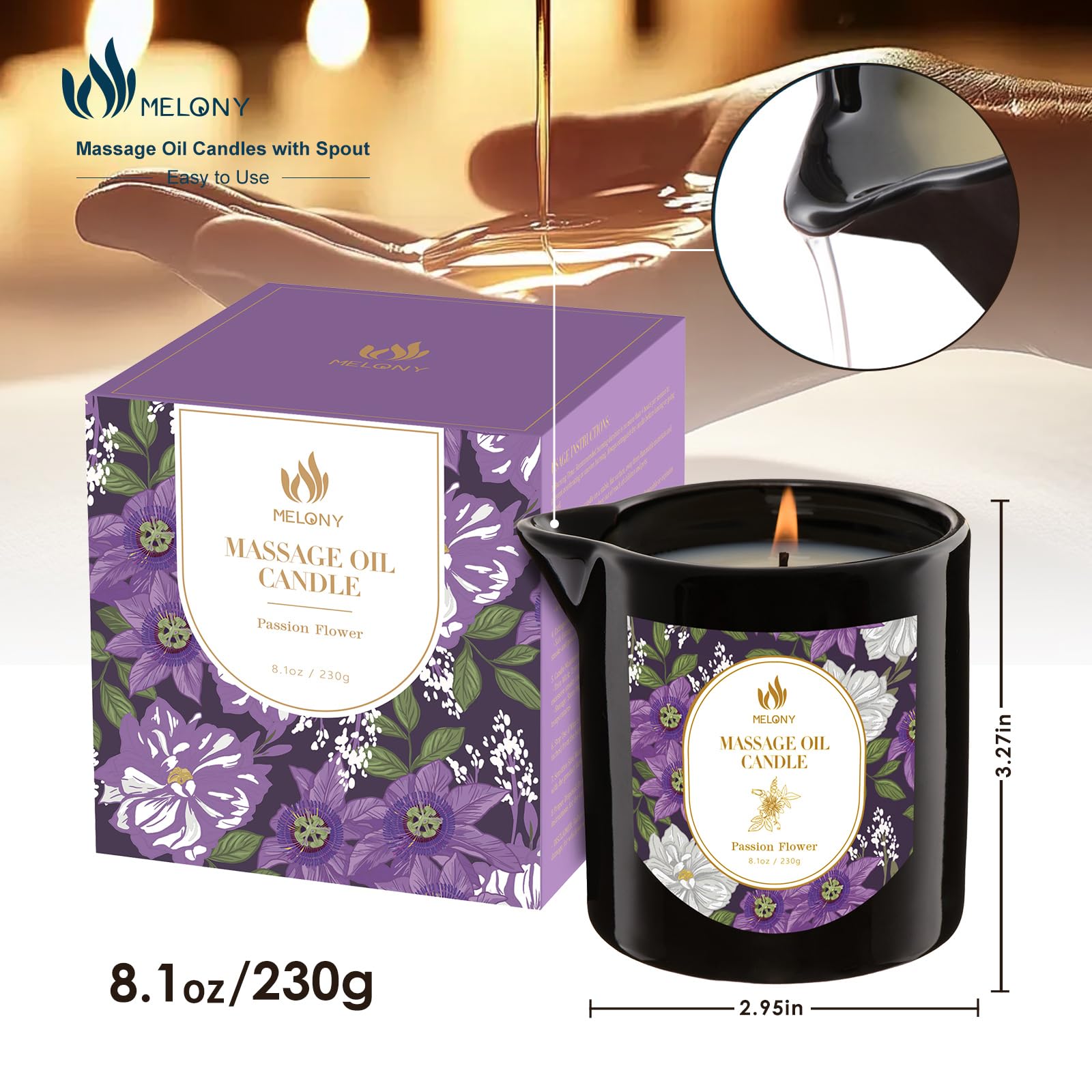 MELONY Massage Oil Candle – 8.1 oz / 230 g | Essential Oil Candle Lotion for Home Spa