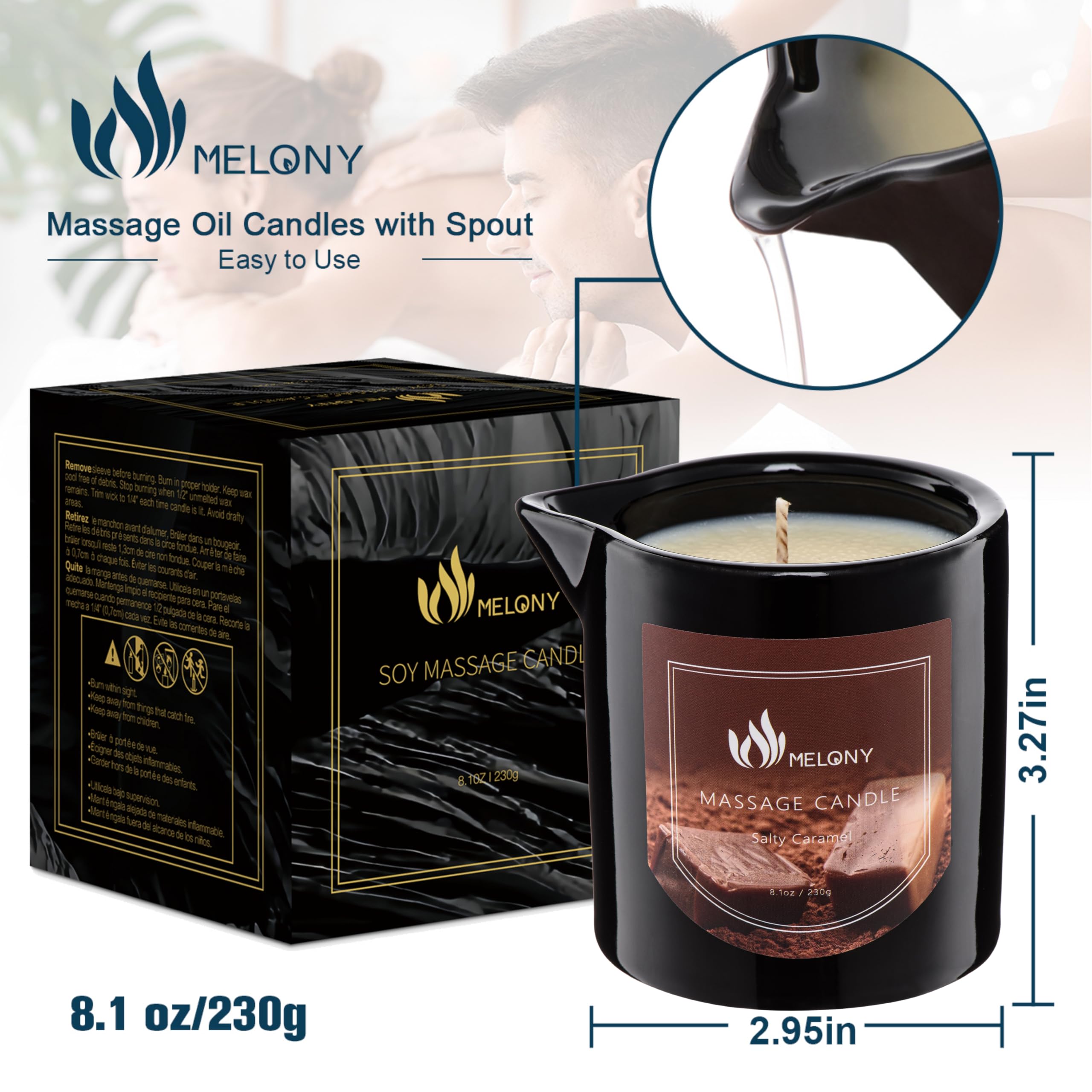 MELONY Massage Oil Candle – Calming, Soothing & Relaxing | Natural Soy Wax 8.1oz (Salty Caramel)