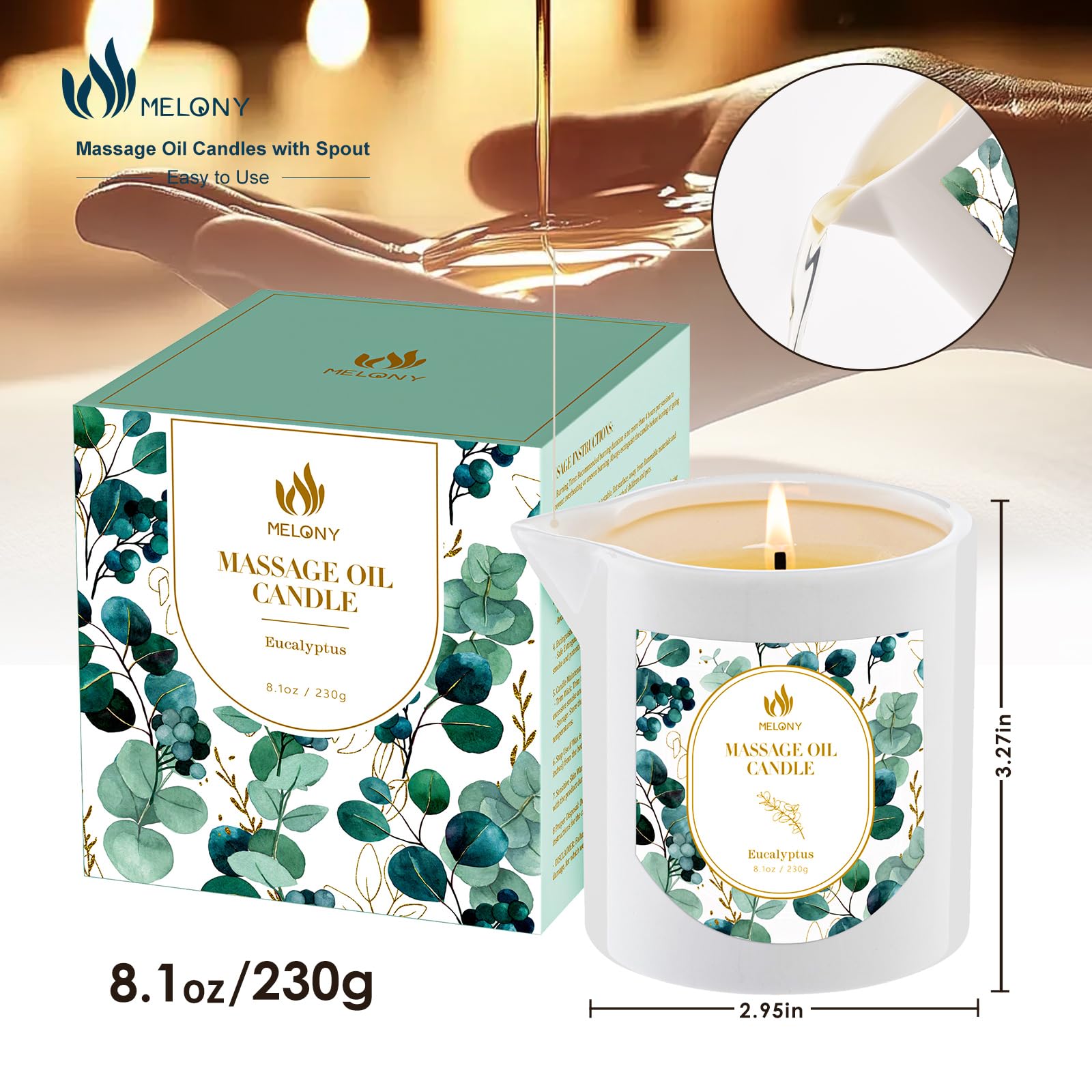 MELONY Soy Massage Candle – Essential Oil Infused, 8.1 oz, Relaxation