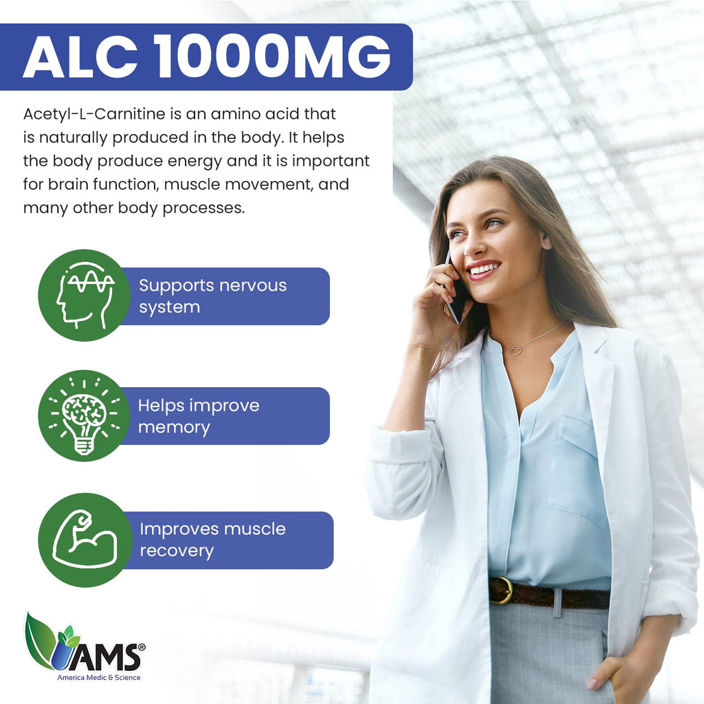 America Medic & Science Acetyl L-Carnitine 1000mg | 60 Tablets | Energy & Brain Health