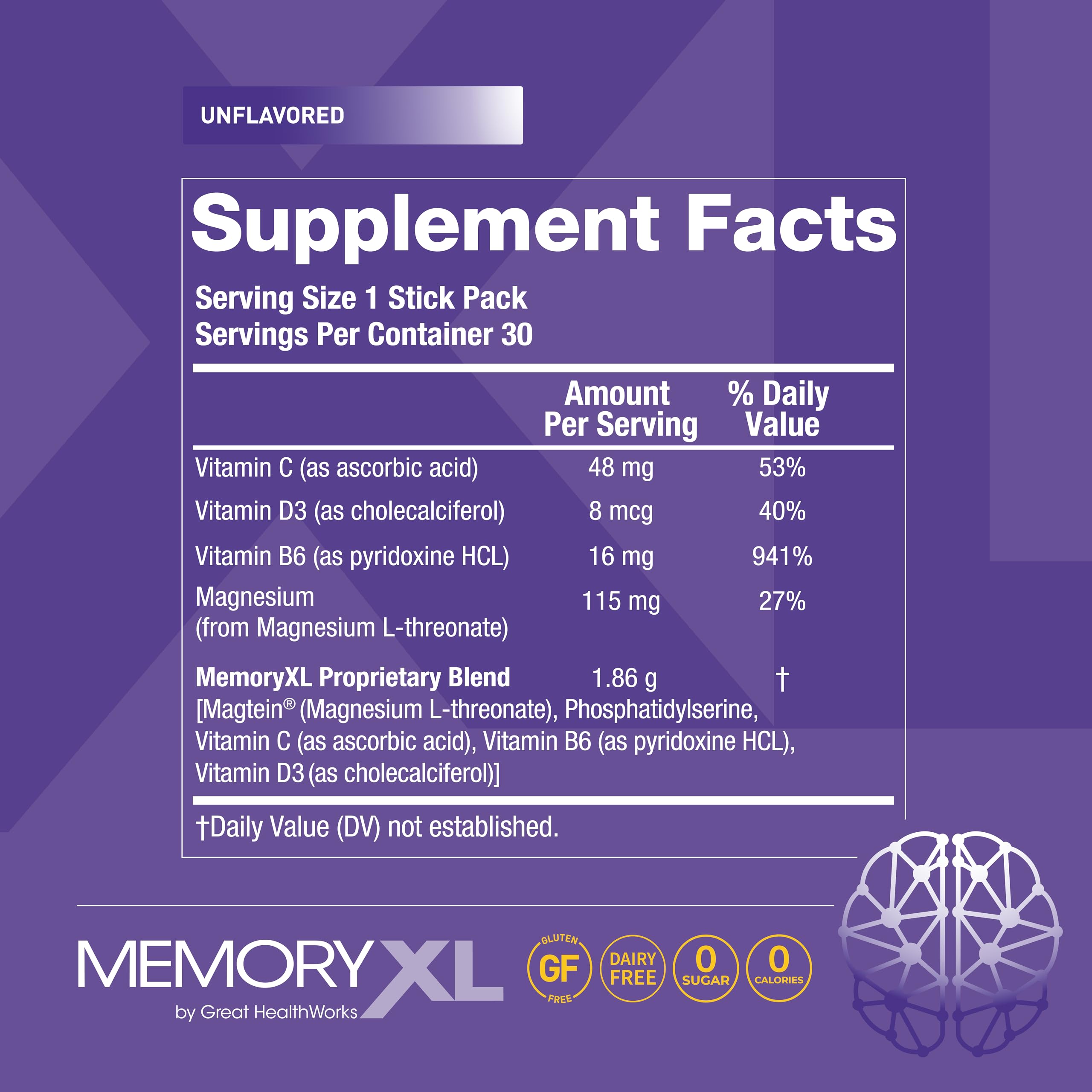 MemoryXL Magnesium L-Threonate for Focus & Memory | OmegaXL 30pk Unflavored