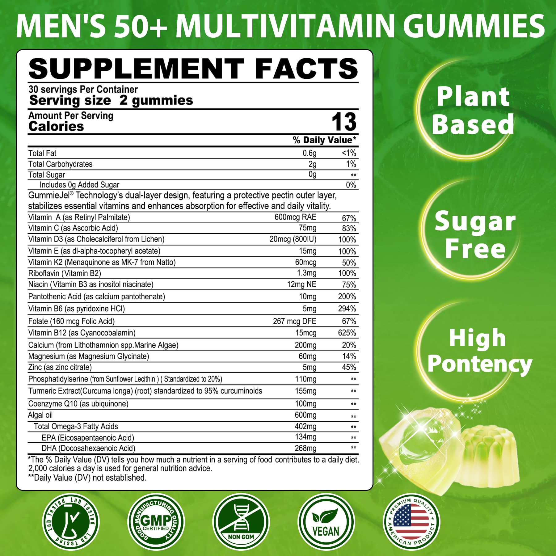 Men 50+ Sugar Free Multivitamin Gummies with Omega-3 CoQ10 D3K2 - 60 ct