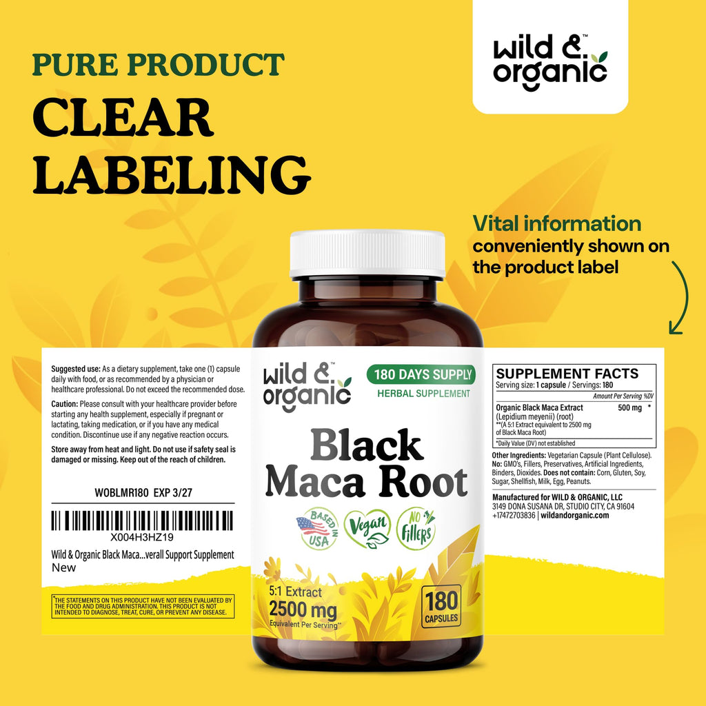 Wild & Organic Black Maca Root Capsules – 500 mg, 180 Count – Vegan, Non-GMO