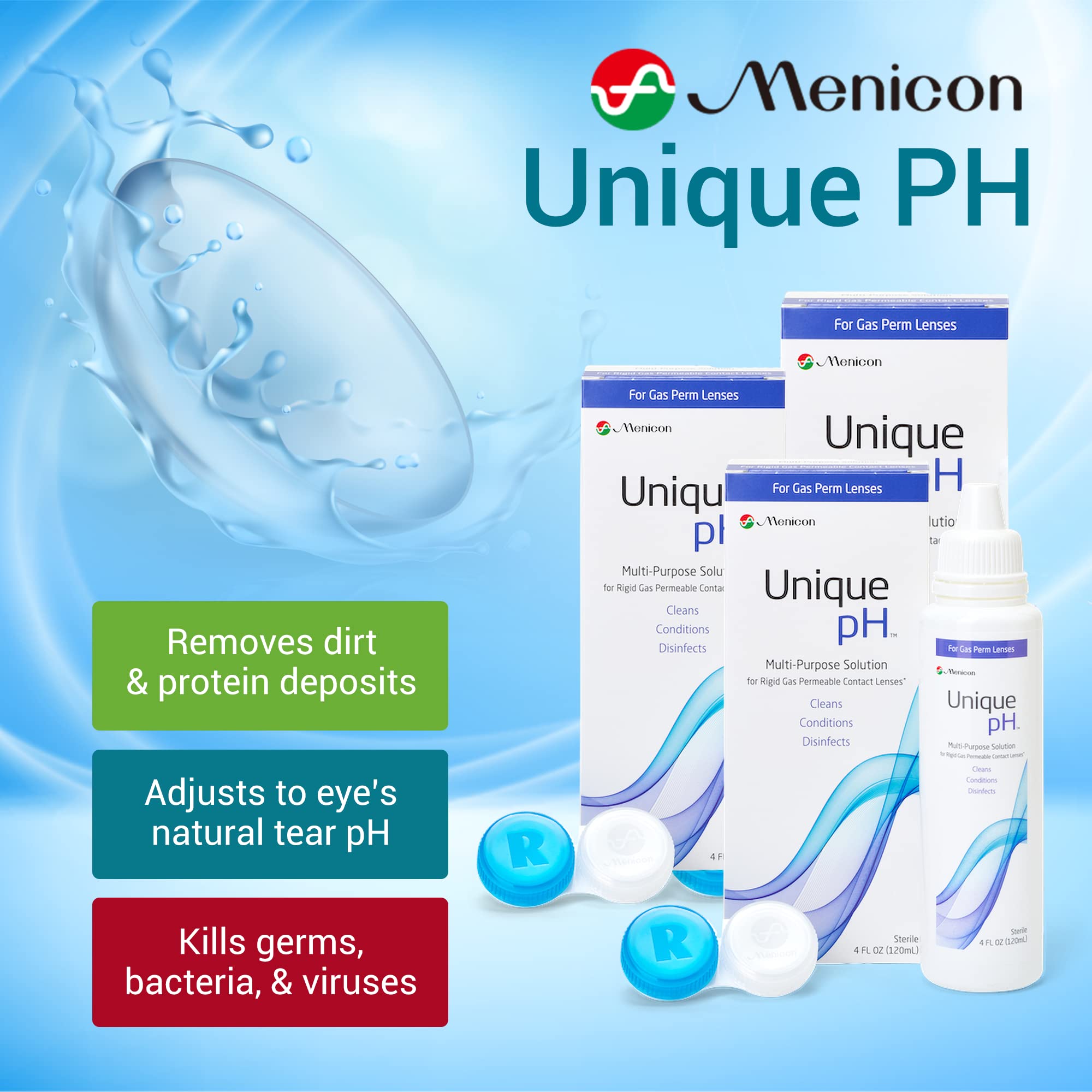 Menicon Unique pH Multi-Purpose Solution with RGP Lens Case - 4 Fl oz Each, 3 Pack