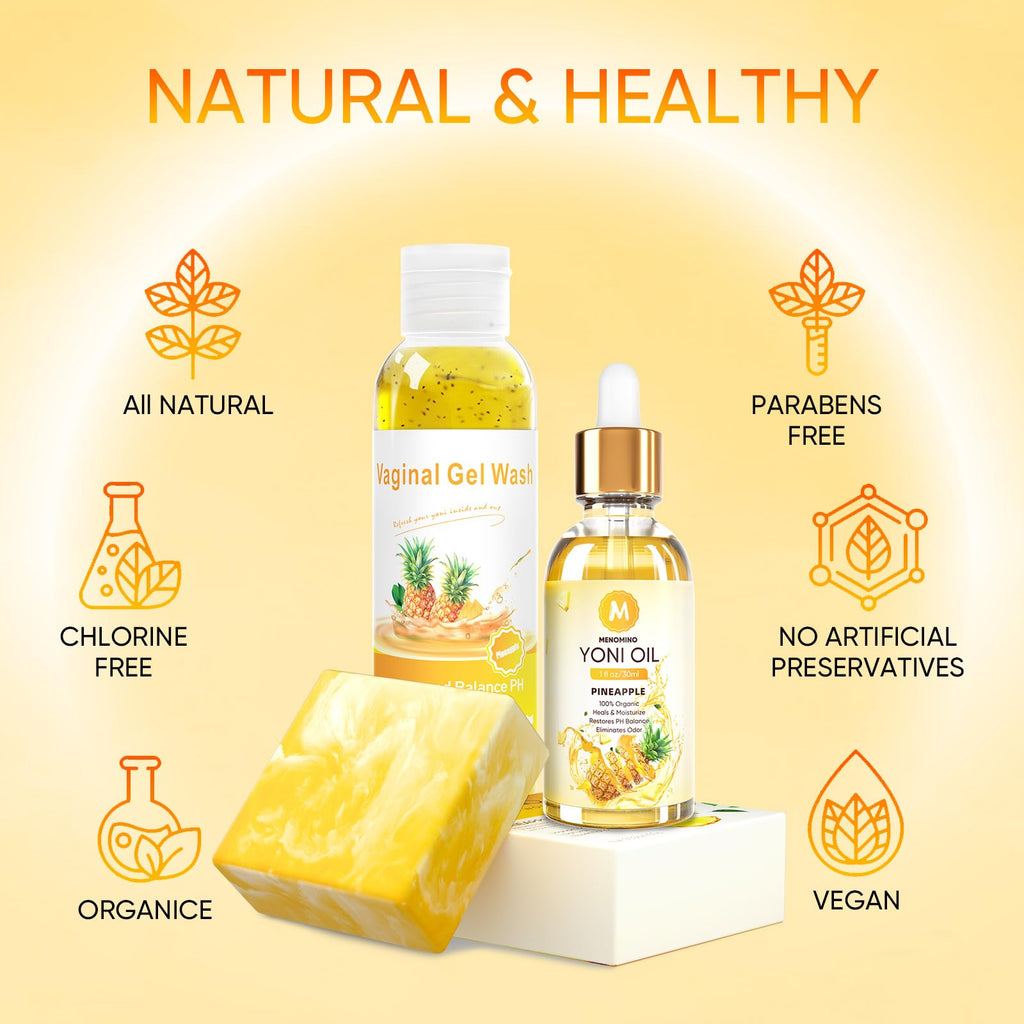 MENOMINO Pineapple Yoni Wash Set – pH-Balanced Feminine Wash, Yoni Bar & Yoni Oil