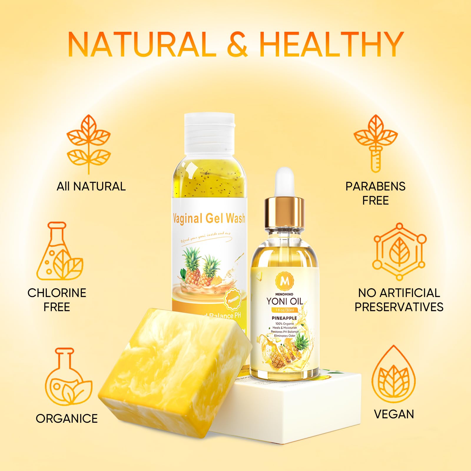 MENOMINO Pineapple Yoni Wash Set – pH-Balanced Feminine Wash, Yoni Bar & Yoni Oil