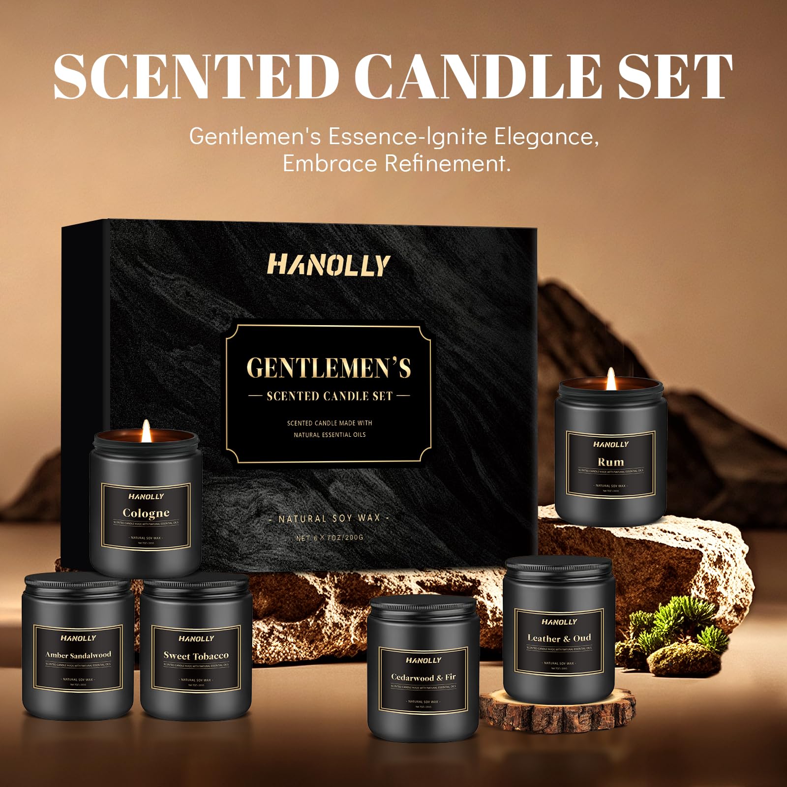 Mens Scented Candle Gift Set – 6-Pack Soy Candles for Men, Gifts for Dad, 42 oz Long-Lasting Aromatherapy Jar Candles