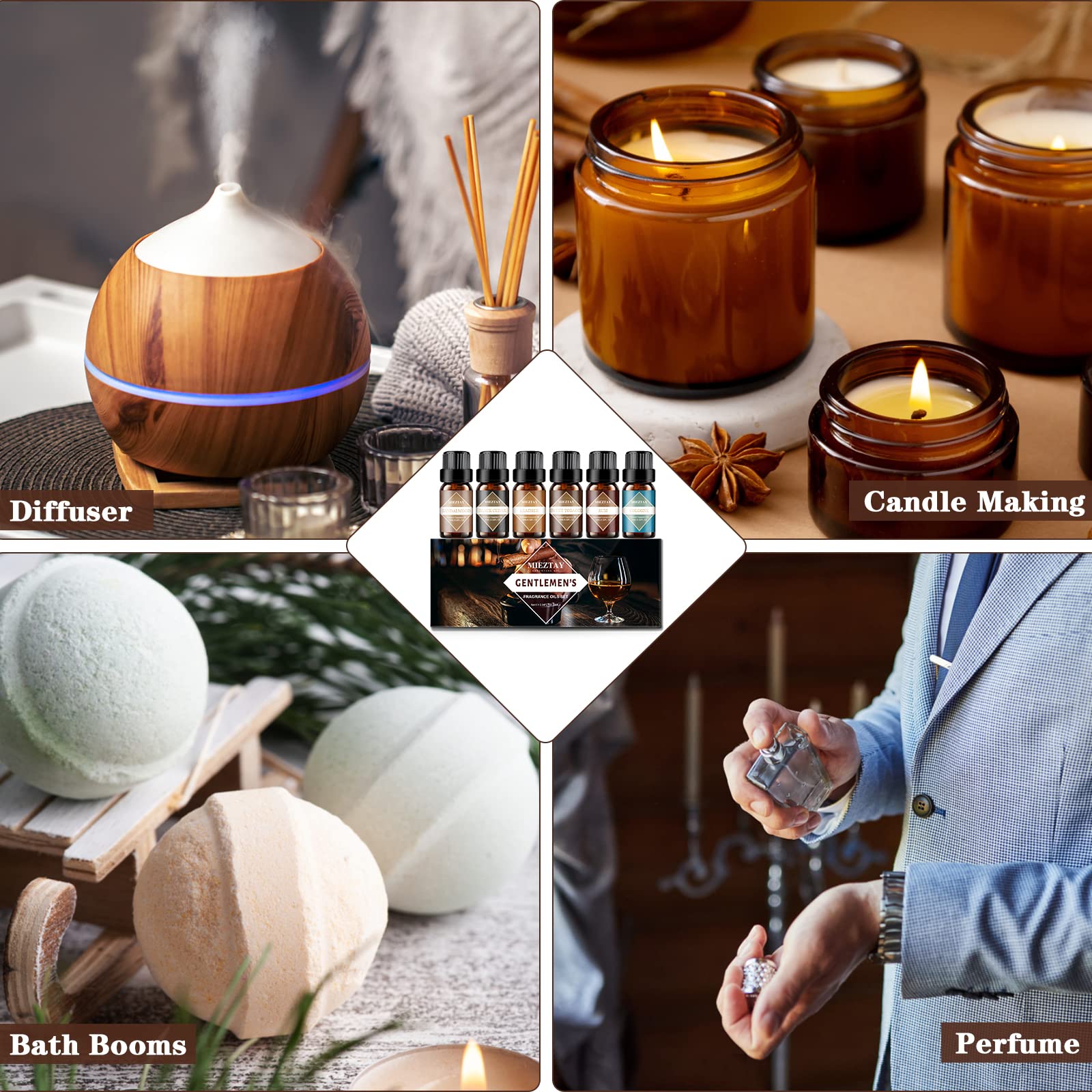Mens Essential Oils Set – 6 Fragrance Oils for Diffuser, Candle & Soap Making