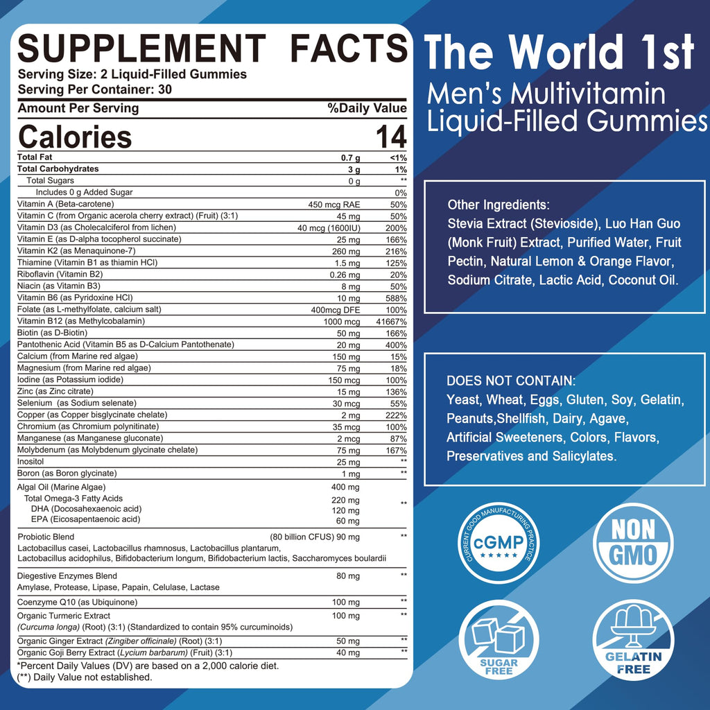Mens Multivitamins Gummies - Multiminerals, Vegan Omega-3, Probiotics (60 count)