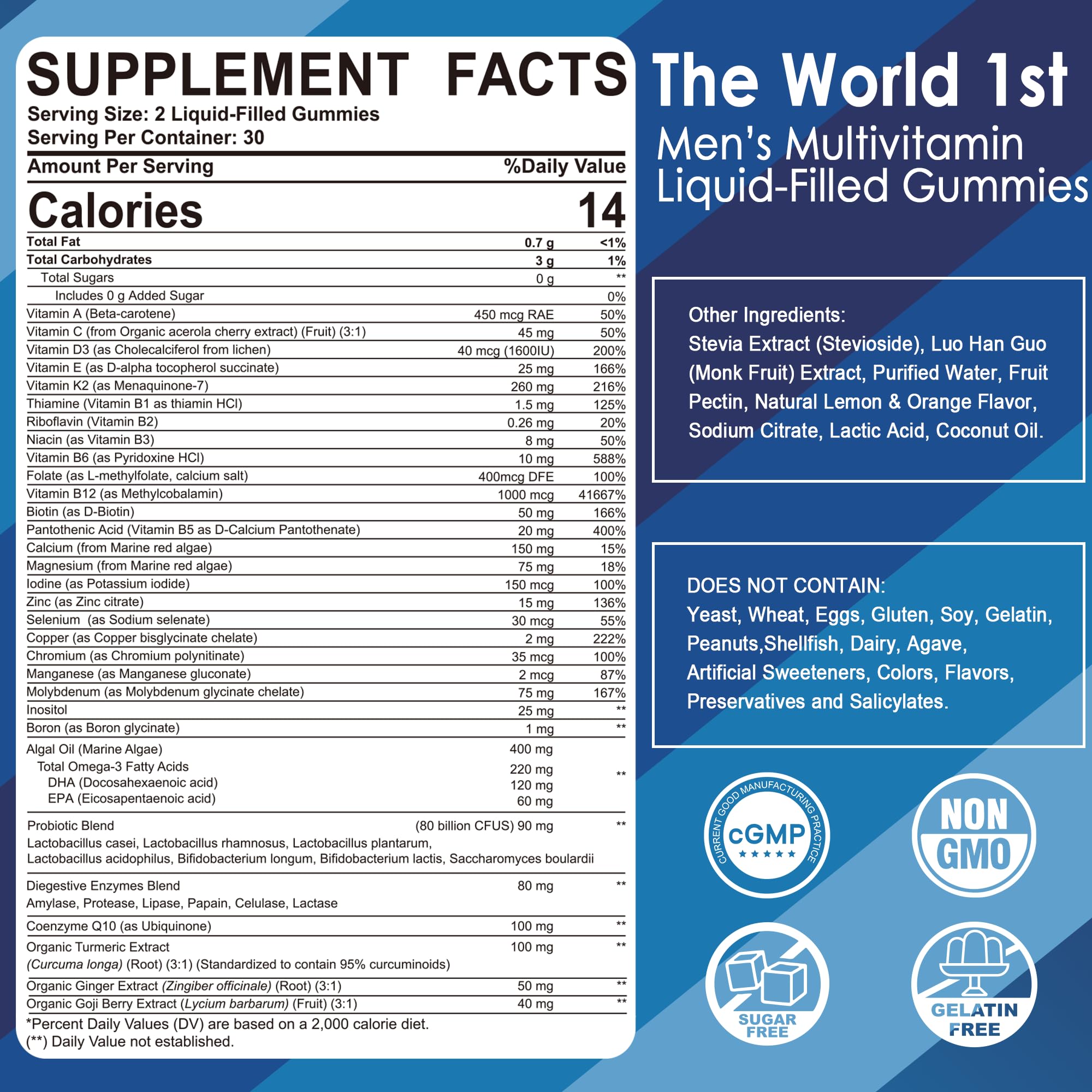 Mens Multivitamins Gummies - Multiminerals, Vegan Omega-3, Probiotics (60 count)