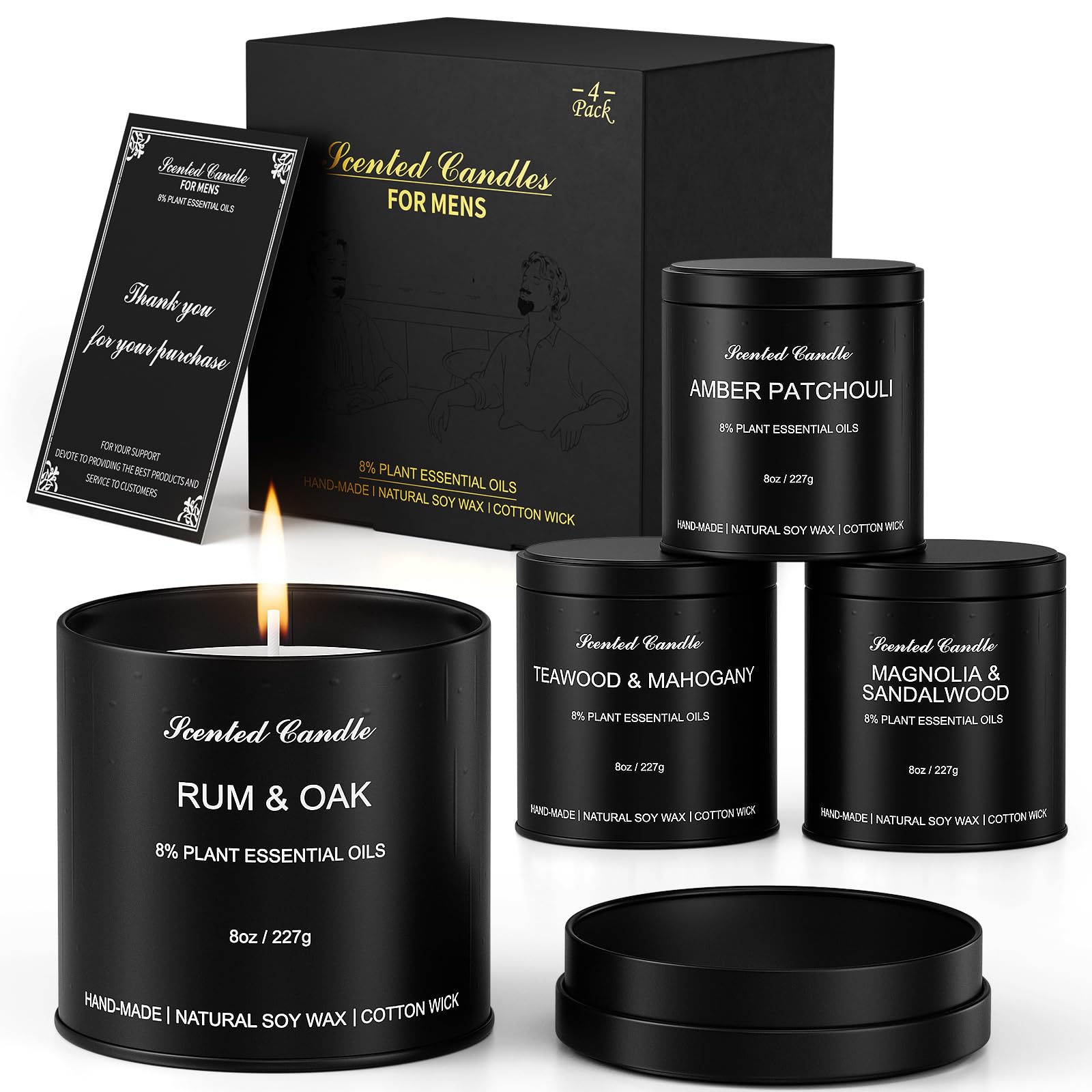 Men's Scented Candle Sets – 4 Pack Aromatherapy Candles Gift in Matte Black Tins
