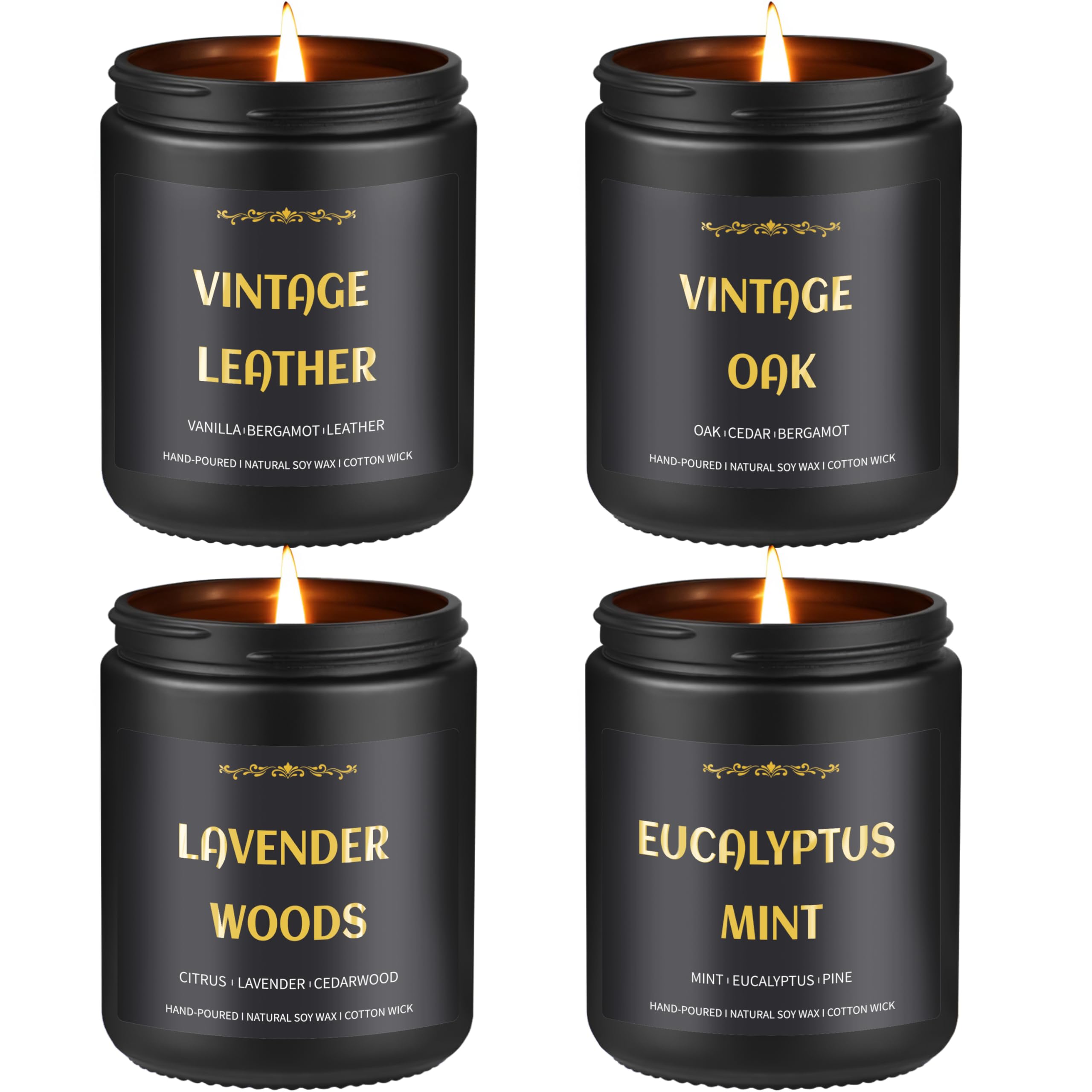 Men's Scented Candles - 4 Pack Soy Candles (28oz, 200h) Leather, Oak, Lavender & Eucalyptus