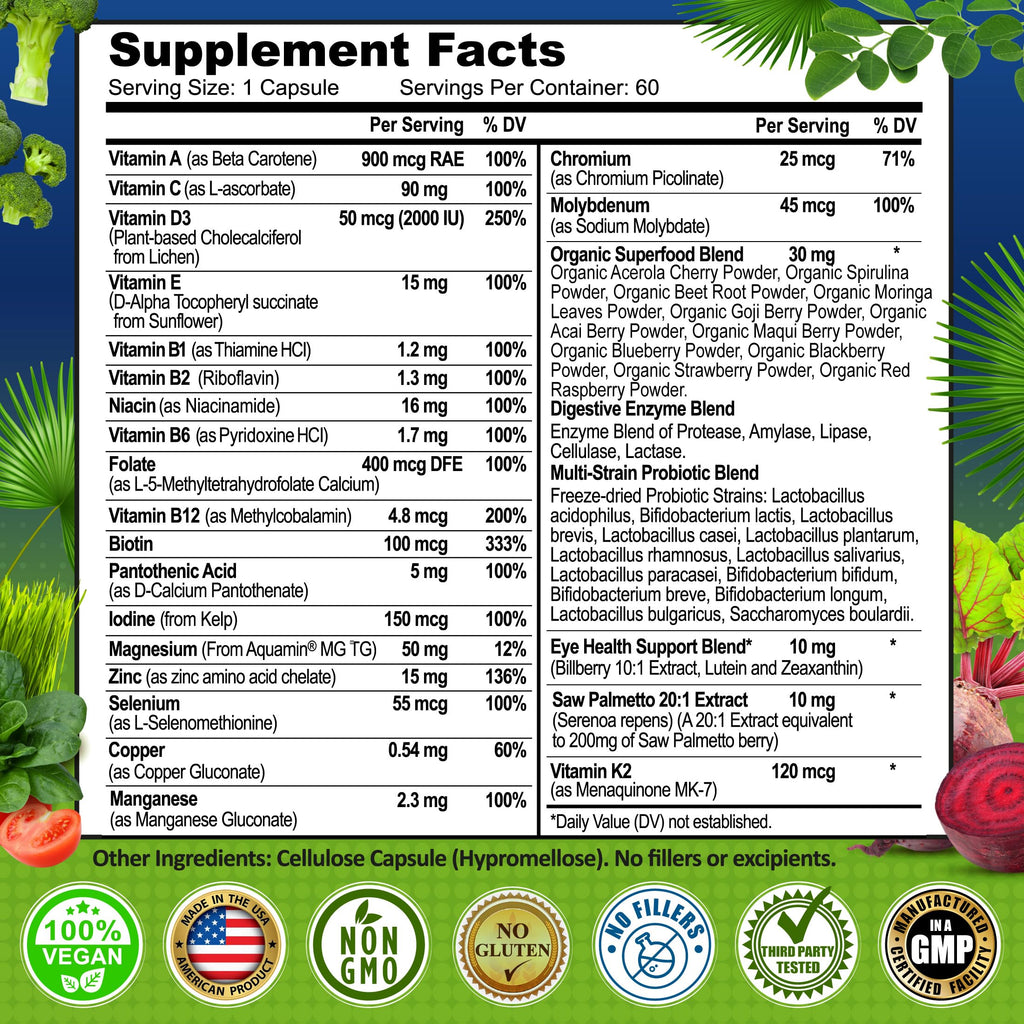 Men's Daily Multivitamin 50+ - Vegan Methylated Multivitamin for Men 50+