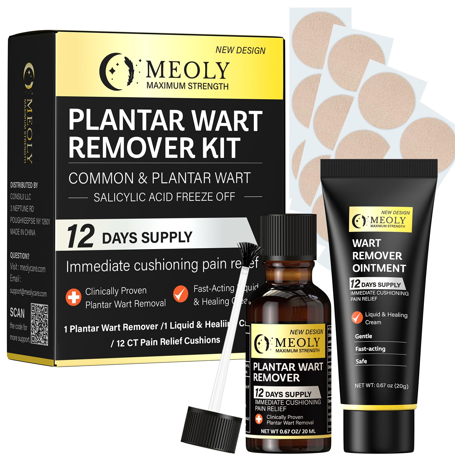 MEOLY Plantar Wart Remover Set - Maximum Strength Salicylic Acid, 12 Thick Cushioning Pads