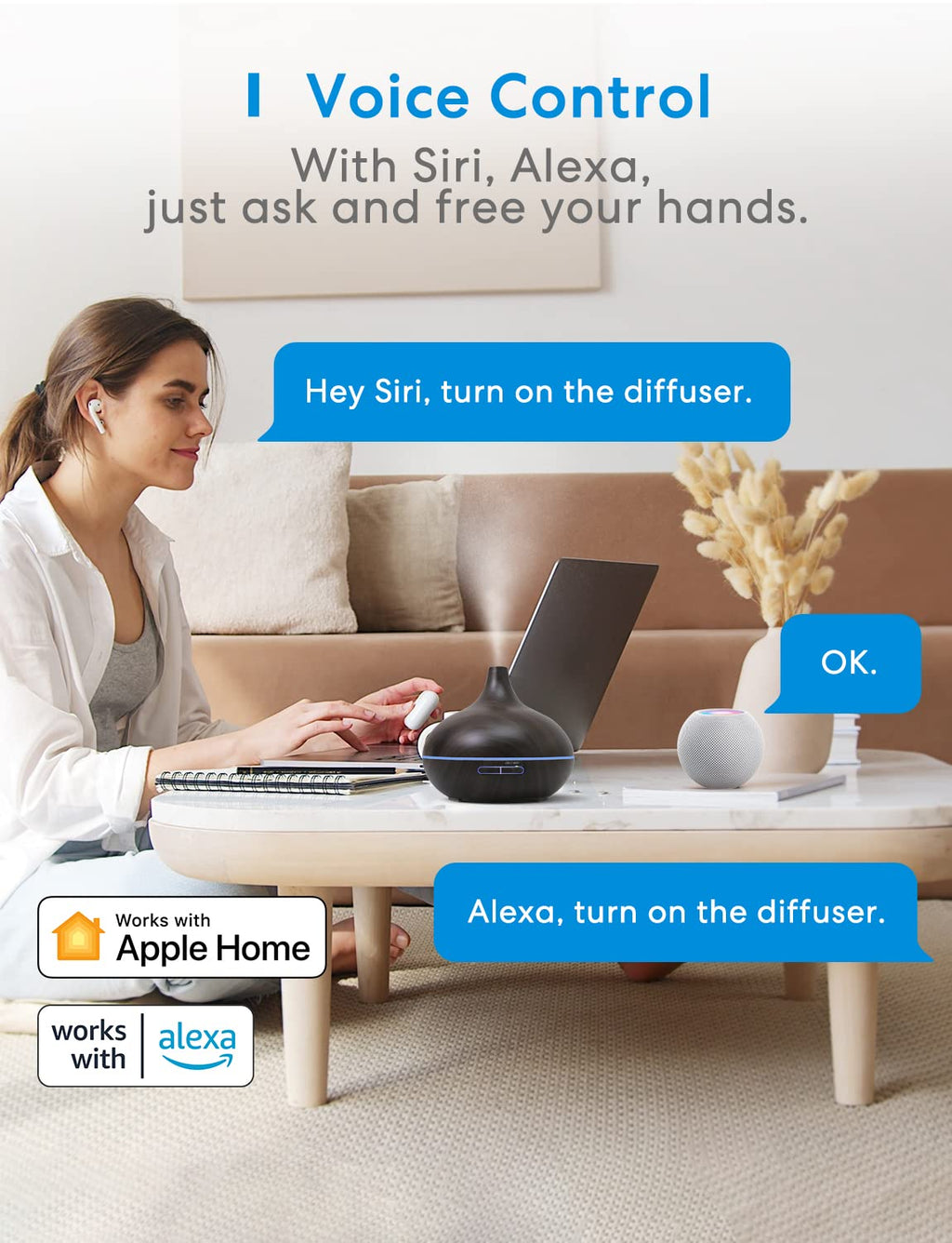 Meross Smart WiFi Essential Oil Diffuser – HomeKit & Alexa Ultrasonic Diffuser with RGB Light