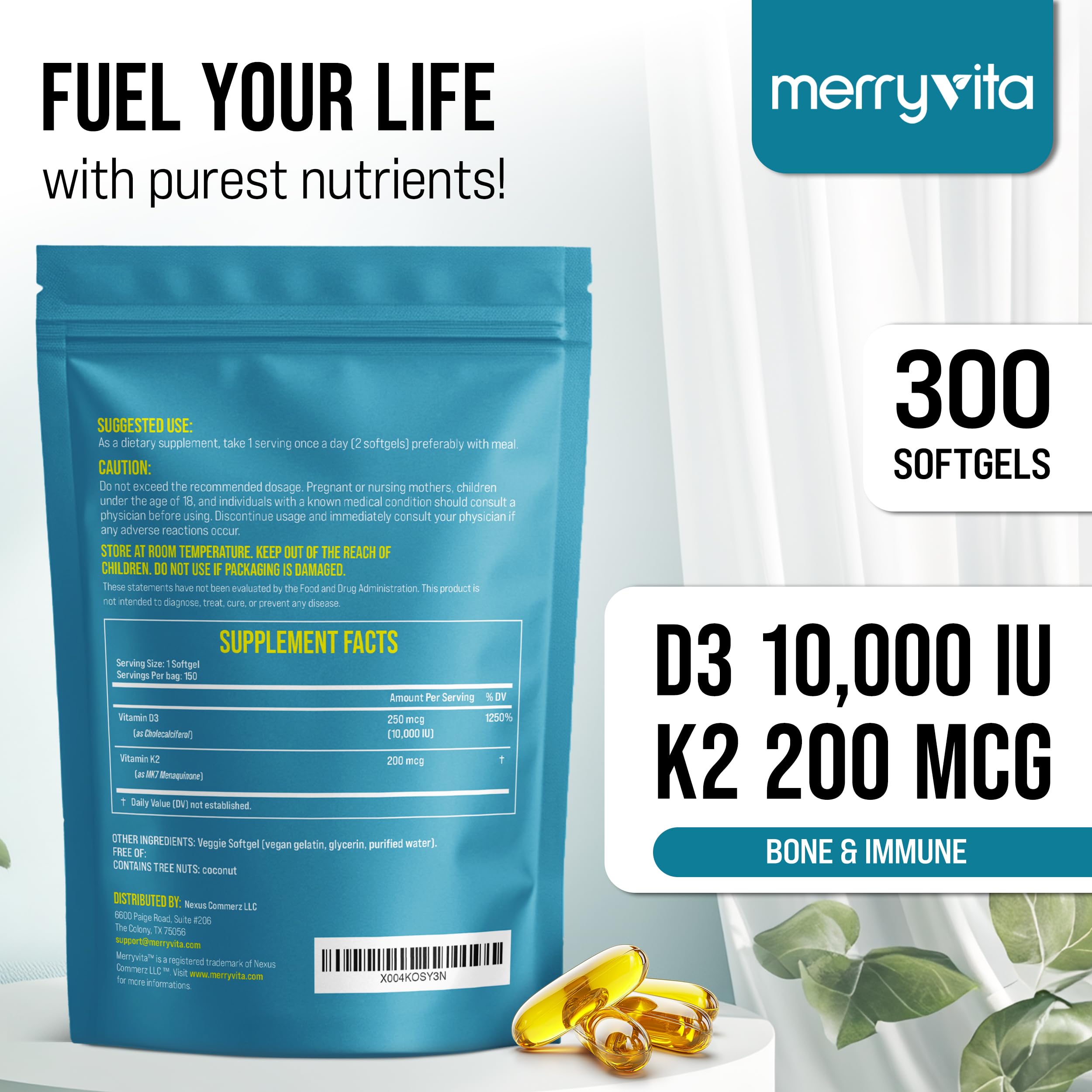 MERRY VITA Vitamin D3 K2 300 Softgels – 10,000 IU D3 + 200 mcg K2 MK7 – Plant-Based, Vegan, Gluten-Free