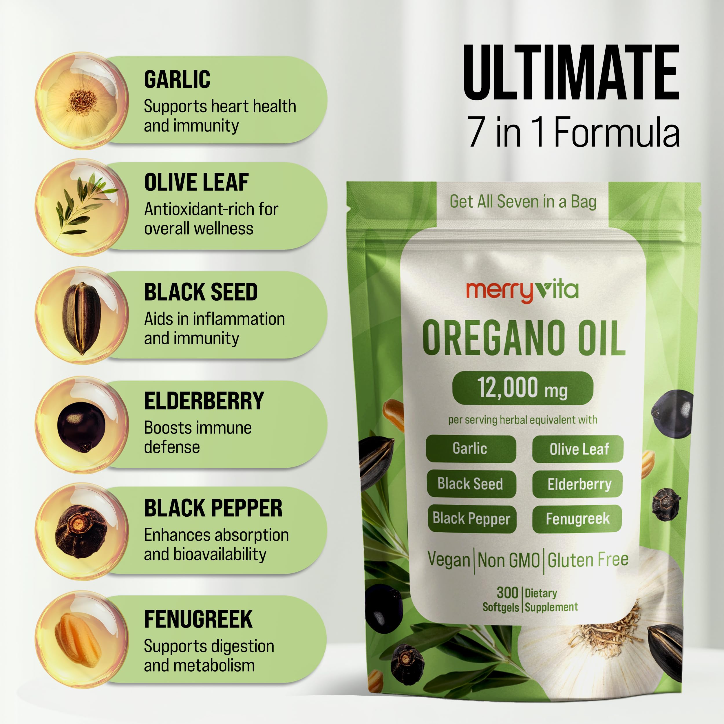 MERRY VITA Oregano Oil Capsules Organic – 12,000 mg, Black Seed, 300 Softgels | Vegan & Non-GMO