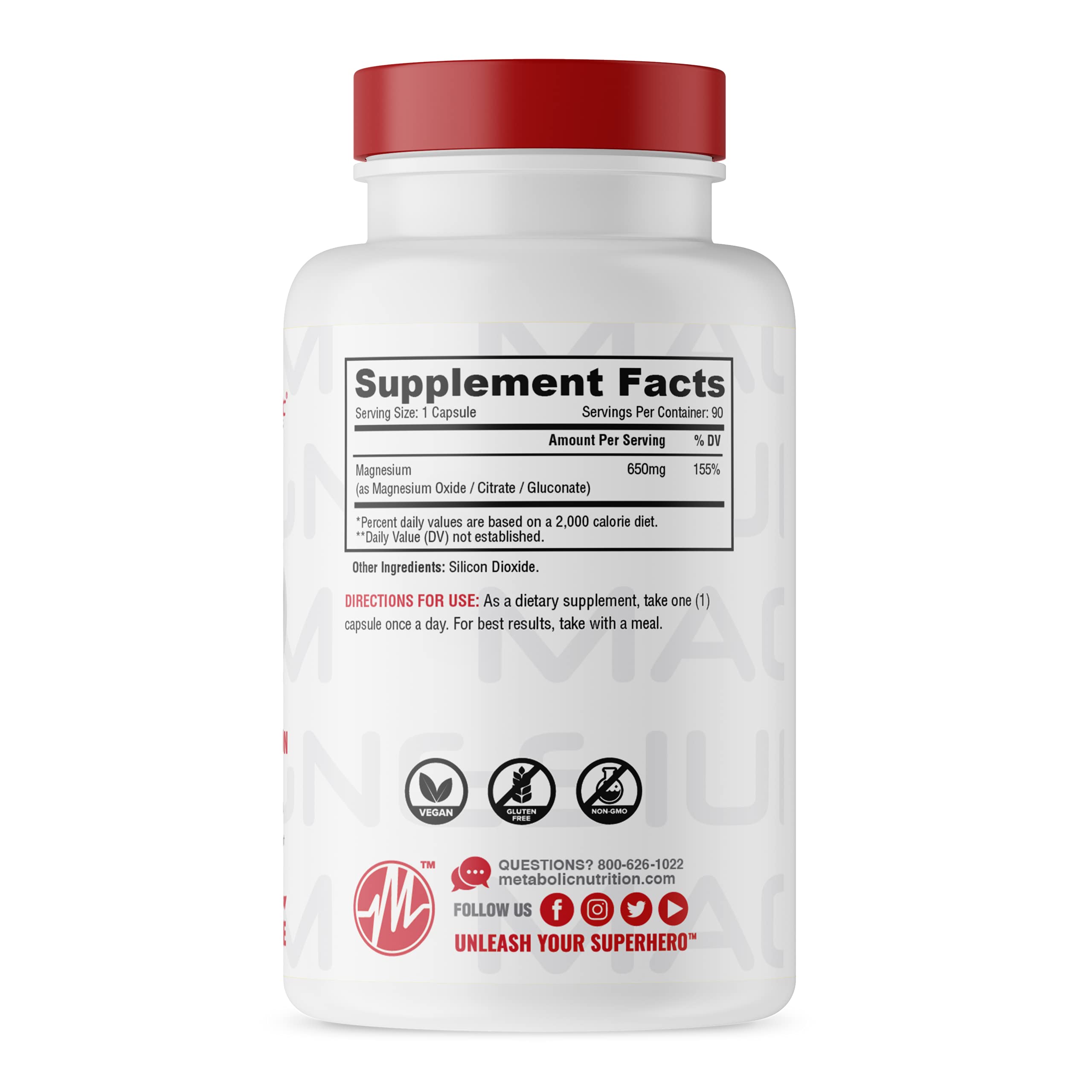 Metabolic Nutrition Magnesium 650mg per Serving | Non-GMO, Vegan, Gluten Free | 90 Capsules