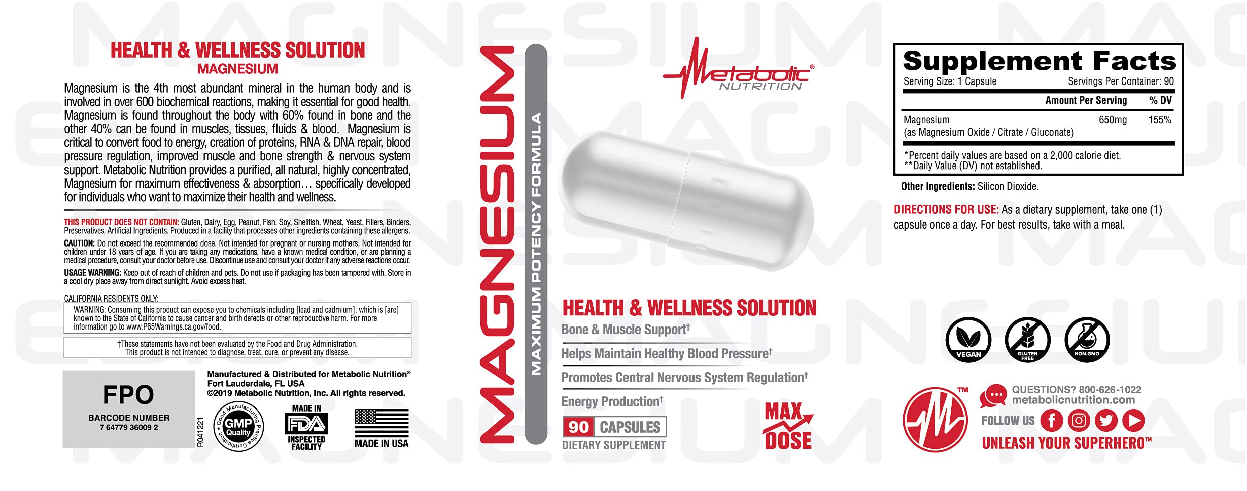 Metabolic Nutrition Magnesium 650mg per Serving | Non-GMO, Vegan, Gluten Free | 90 Capsules