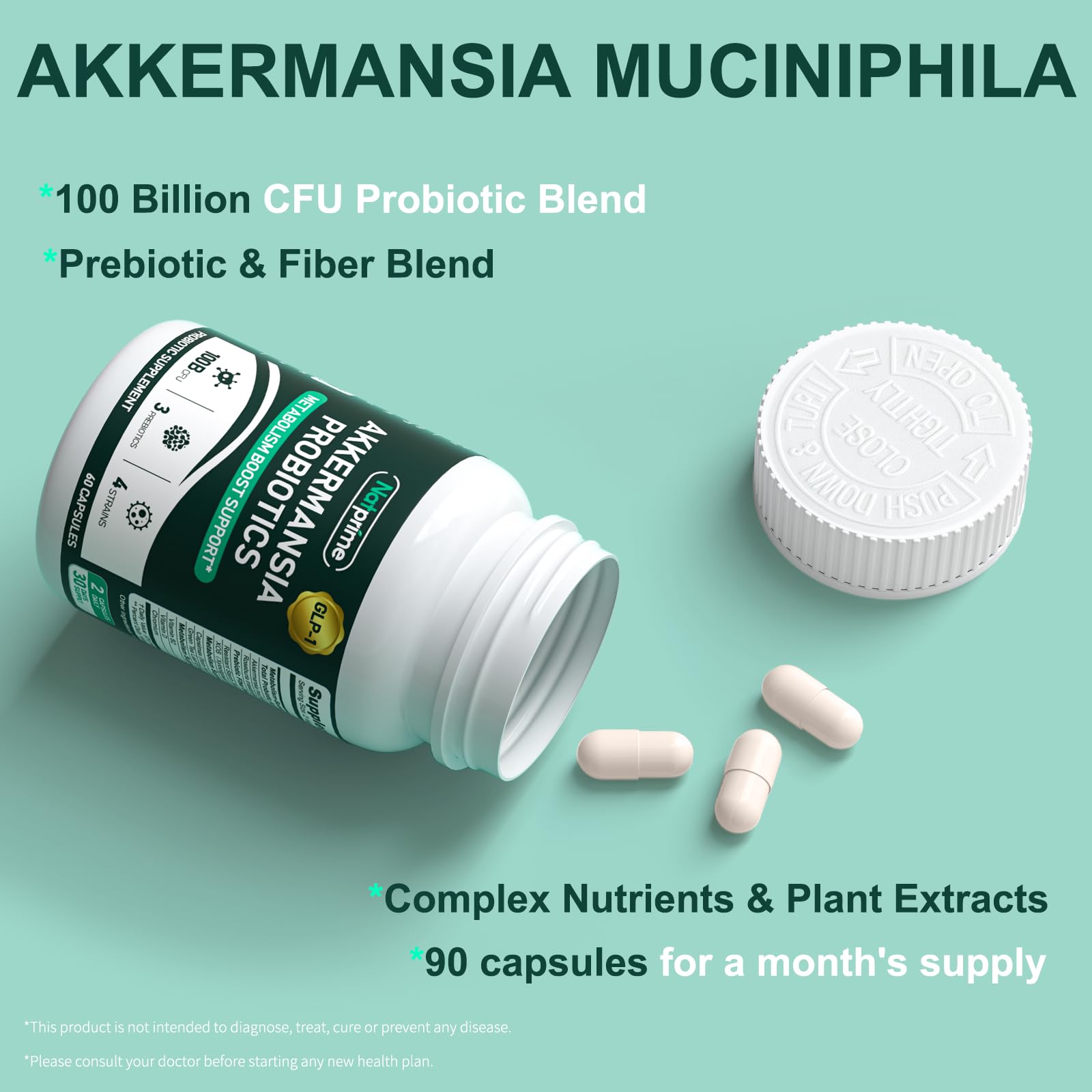Natprime Akkermansia Probiotic GLP-1 Supplement – 100B CFU Akkermansia Muciniphila, Prebiotic Fiber, Metabolism & Gut Health | 60 Capsules