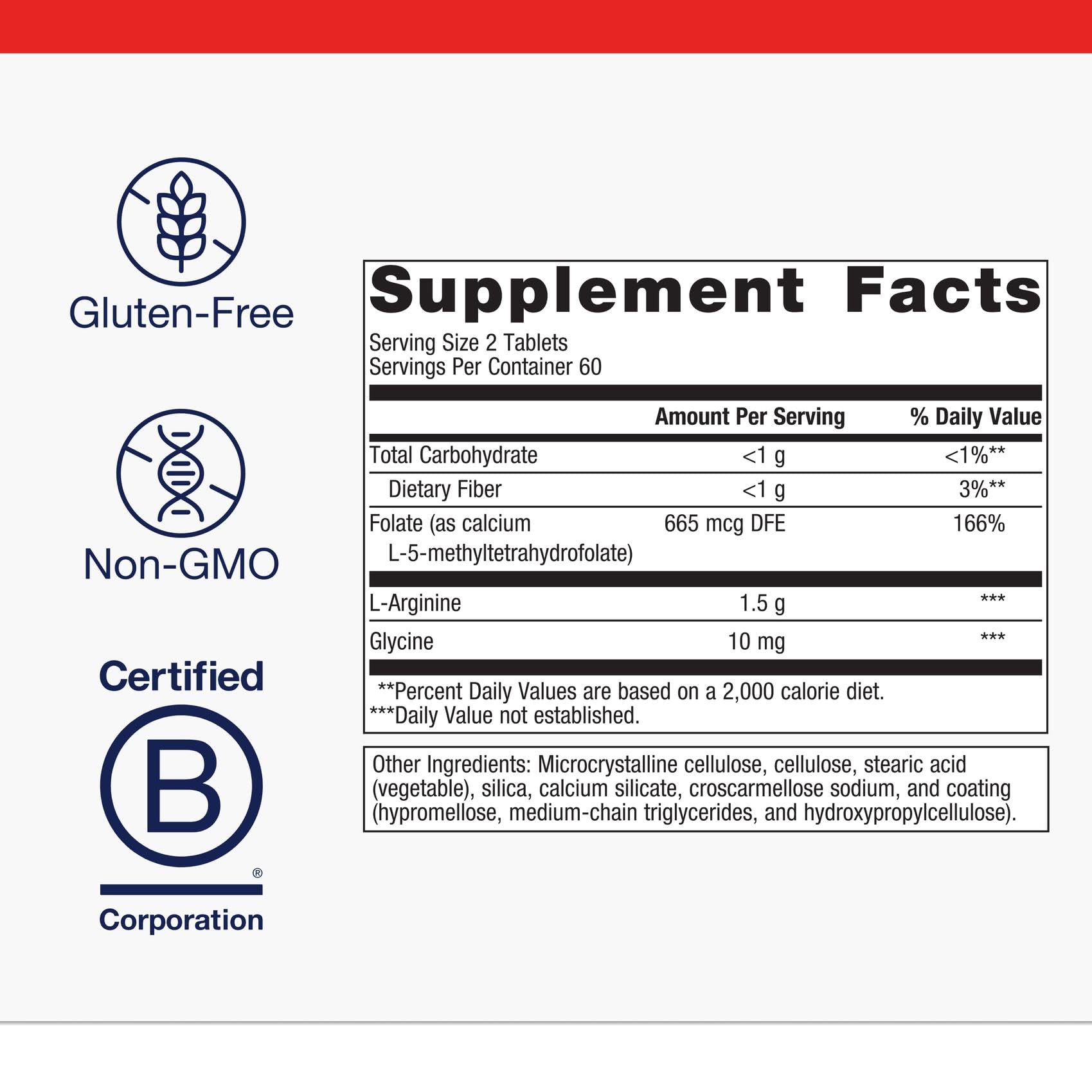 Metagenics Arginine Plus - 1.5 g L‑Arginine with Methyl Folate (L‑5‑MTHF) - Supports Healthy Blood Flow, Circulation & Heart Health - Non‑GMO, Gluten‑Free, Vegetarian - 120 Tablets