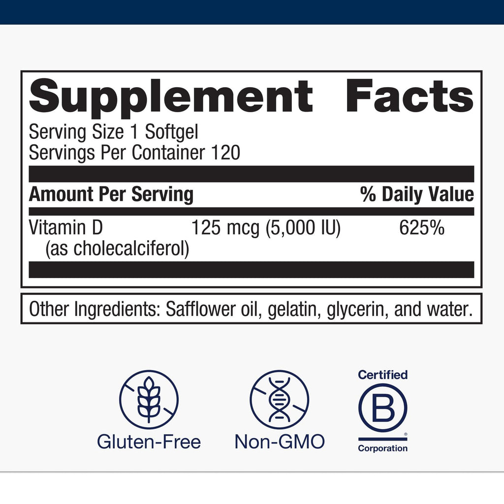 Metagenics D3 5000 IU Vitamin D3 Softgels – Immune, Bone & Heart Support* (125 mcg in Coconut Oil) – Non-GMO & Gluten-Free – 60 Count