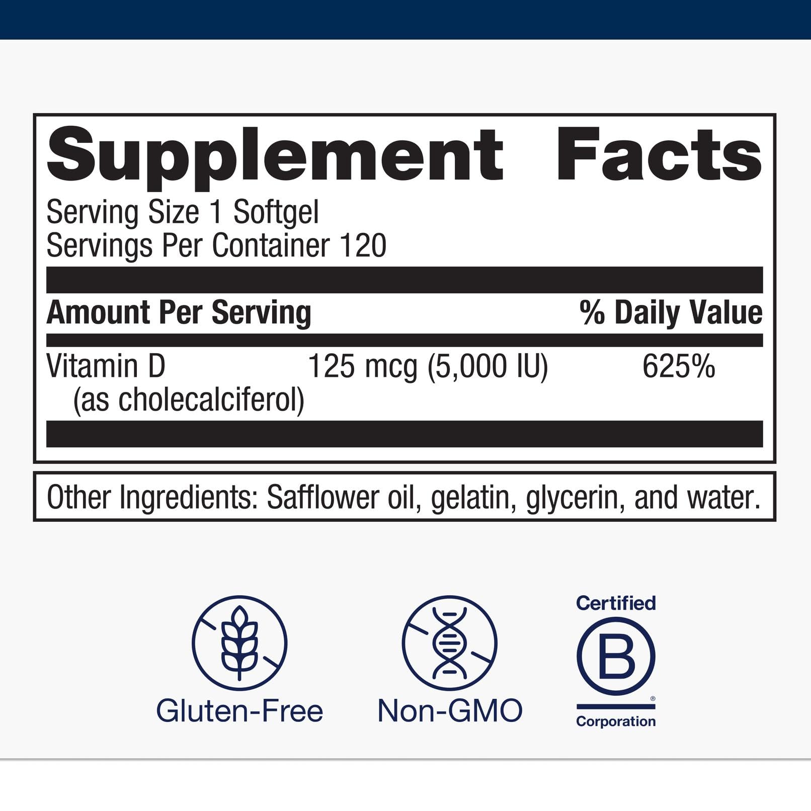 Metagenics D3 5000 IU Vitamin D3 Softgels – Immune, Bone & Heart Support* (125 mcg in Coconut Oil) – Non-GMO & Gluten-Free – 60 Count