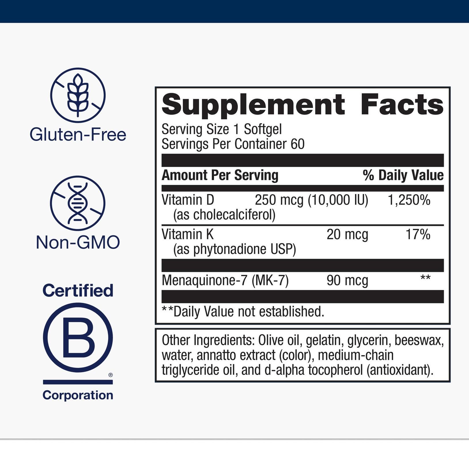 Metagenics Vitamin D3 + K (MK-7) - 10,000 IU, 60 Softgels | Artery Health, Immune Support, Non-GMO, Gluten-Free
