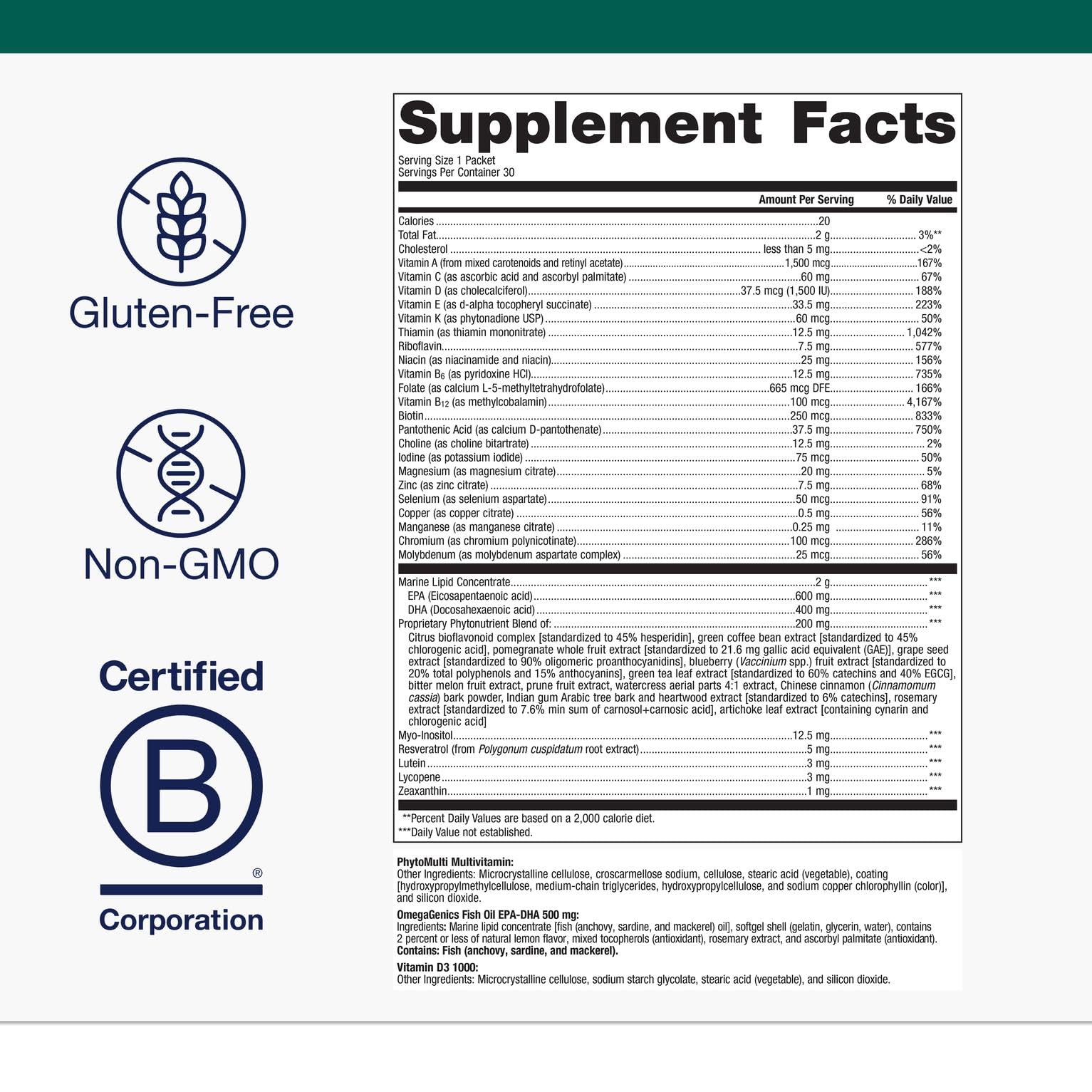 Metagenics Wellness Essentials Daily Packs - Multivitamin & Omega-3 Packets with Vitamins A, C, D, E & B - Supports Heart, Brain, Immune & Bone Health* - Non-GMO, Gluten-Free - GMP Certified Facility