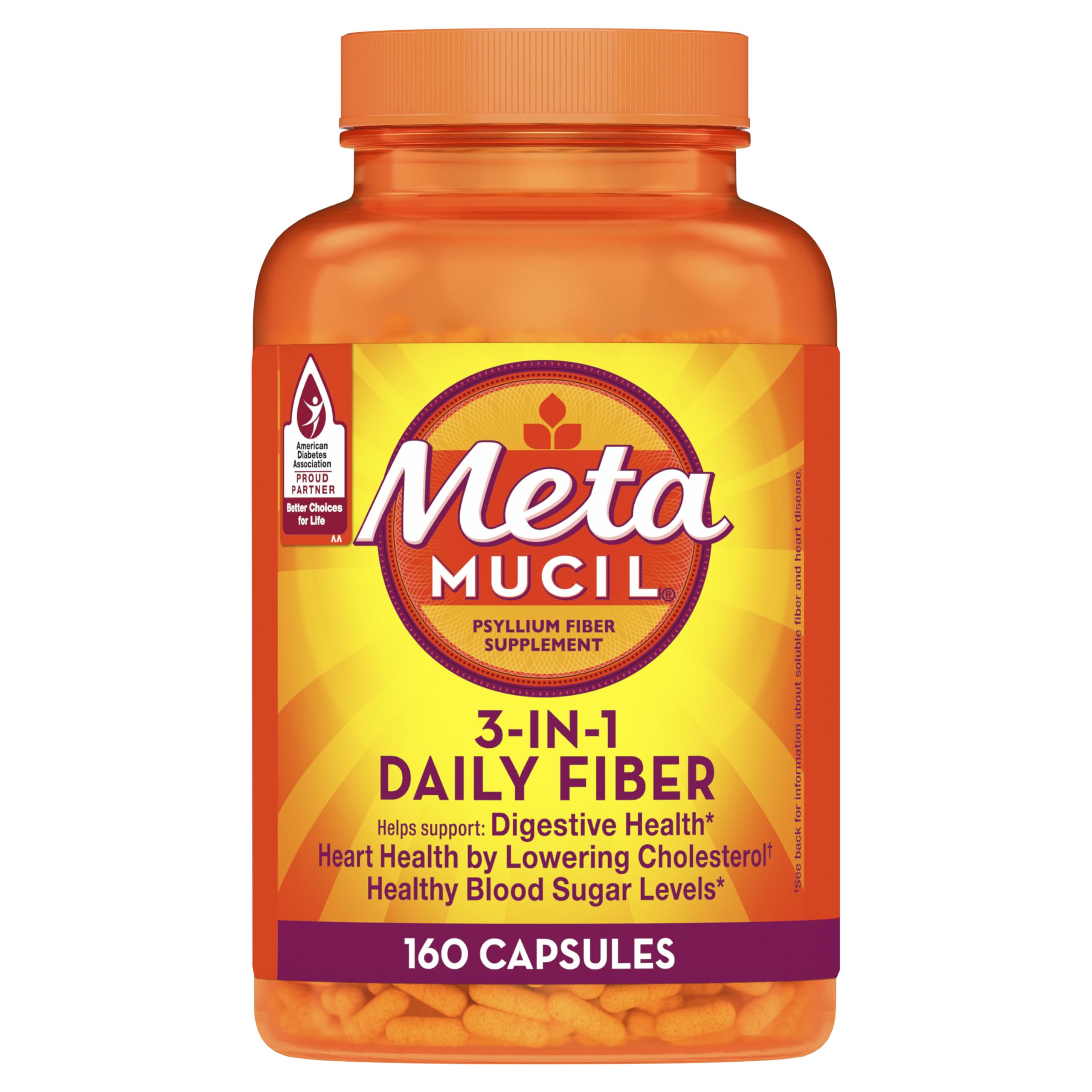 Metamucil Psyllium Husk Capsules, 160 Count – 3-in-1 Daily Fiber for Digestive Health and Regularity