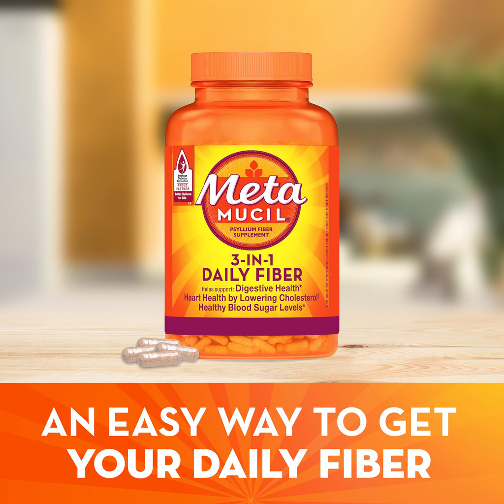 Metamucil Psyllium Husk Capsules, 160 Count – 3-in-1 Daily Fiber for Digestive Health and Regularity