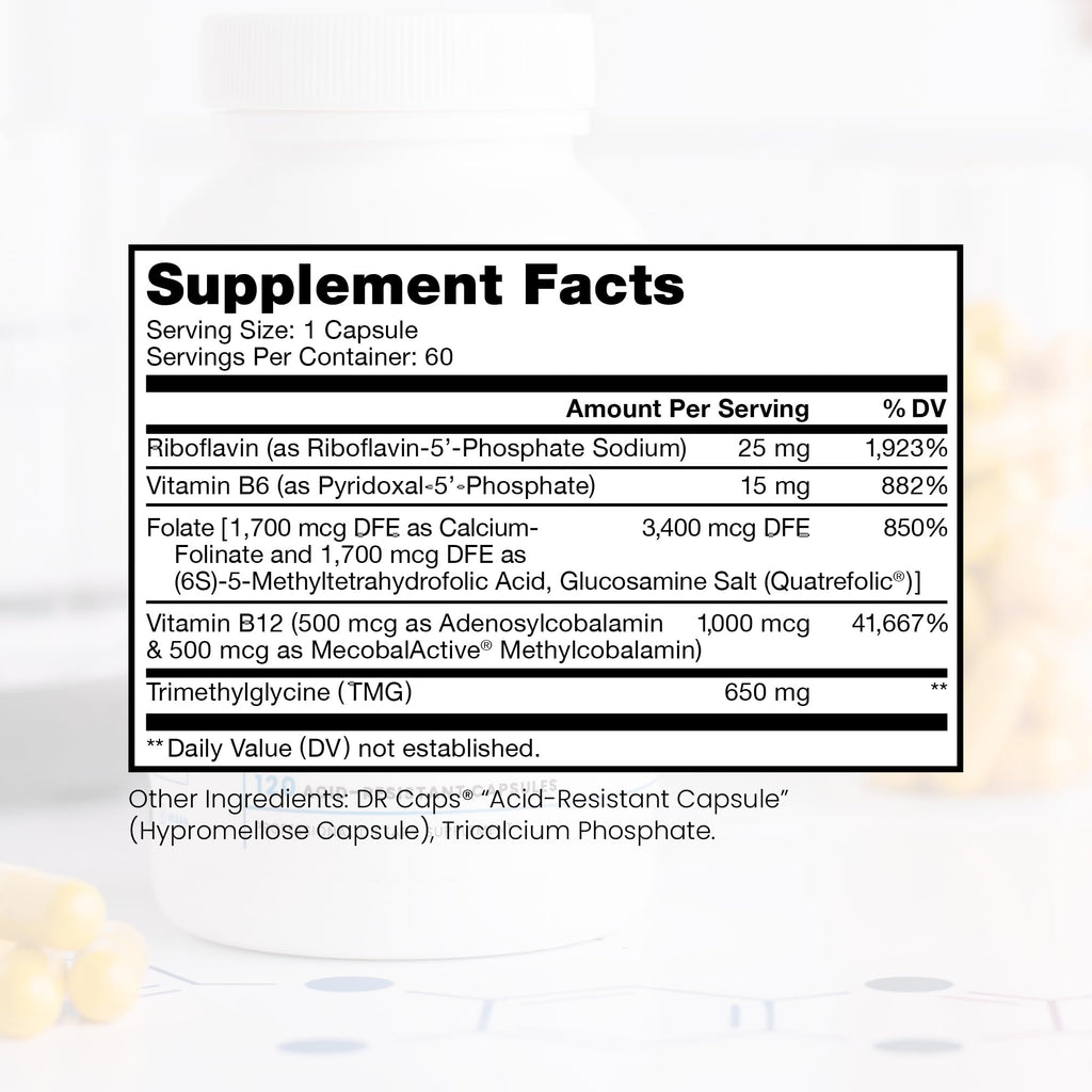Methyl B Complete - 60 Vegetable Capsules | Optimal Methylation Support with Quatrefolic 5-MTHF (Active folate), Methylcobalamin (Active B12), B2, B6, and TMG | Pharmaceutical Grade